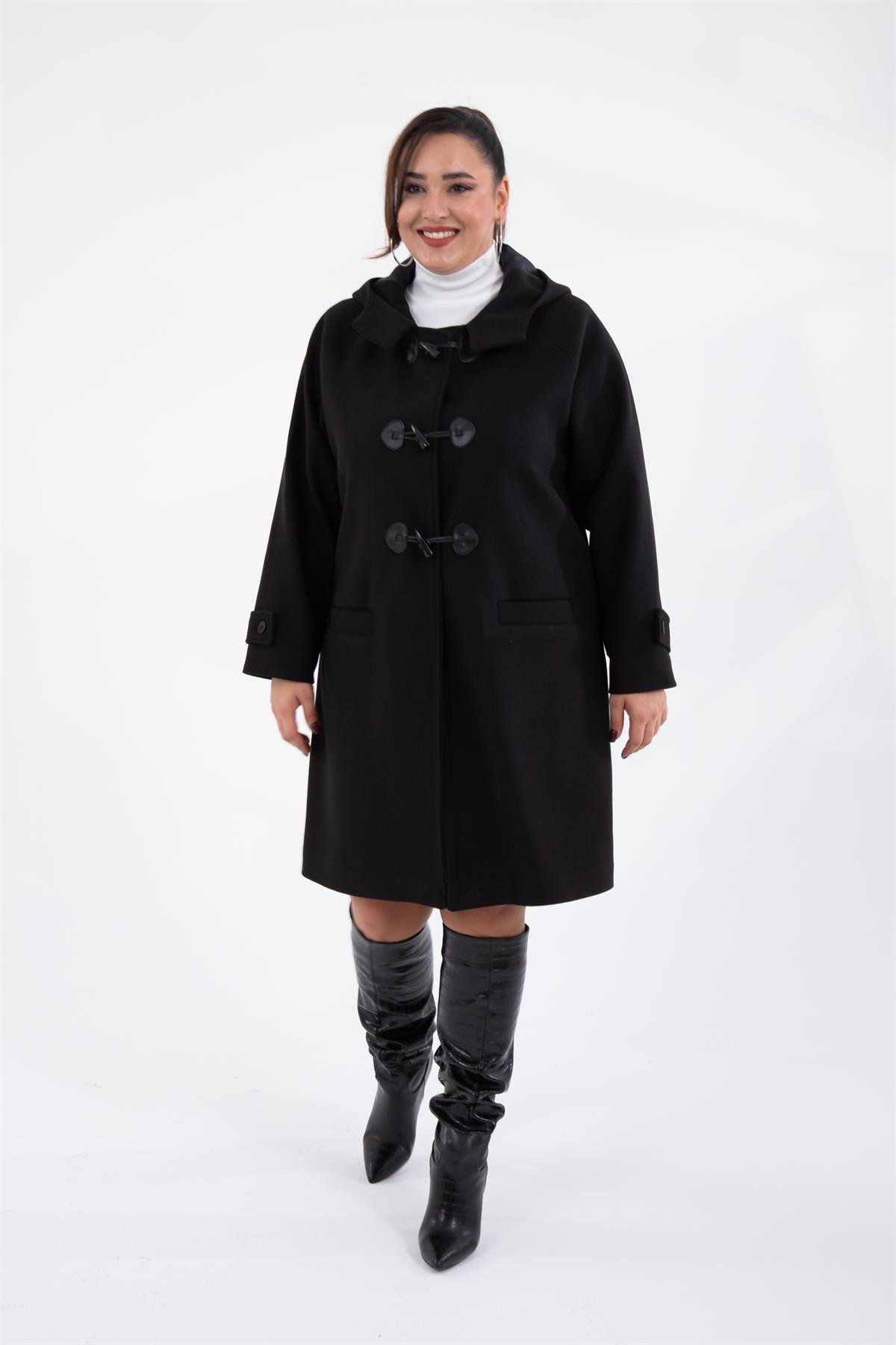 Büyük Beden 122191 Cepli-Düğme Detaylı Kaban Siyah