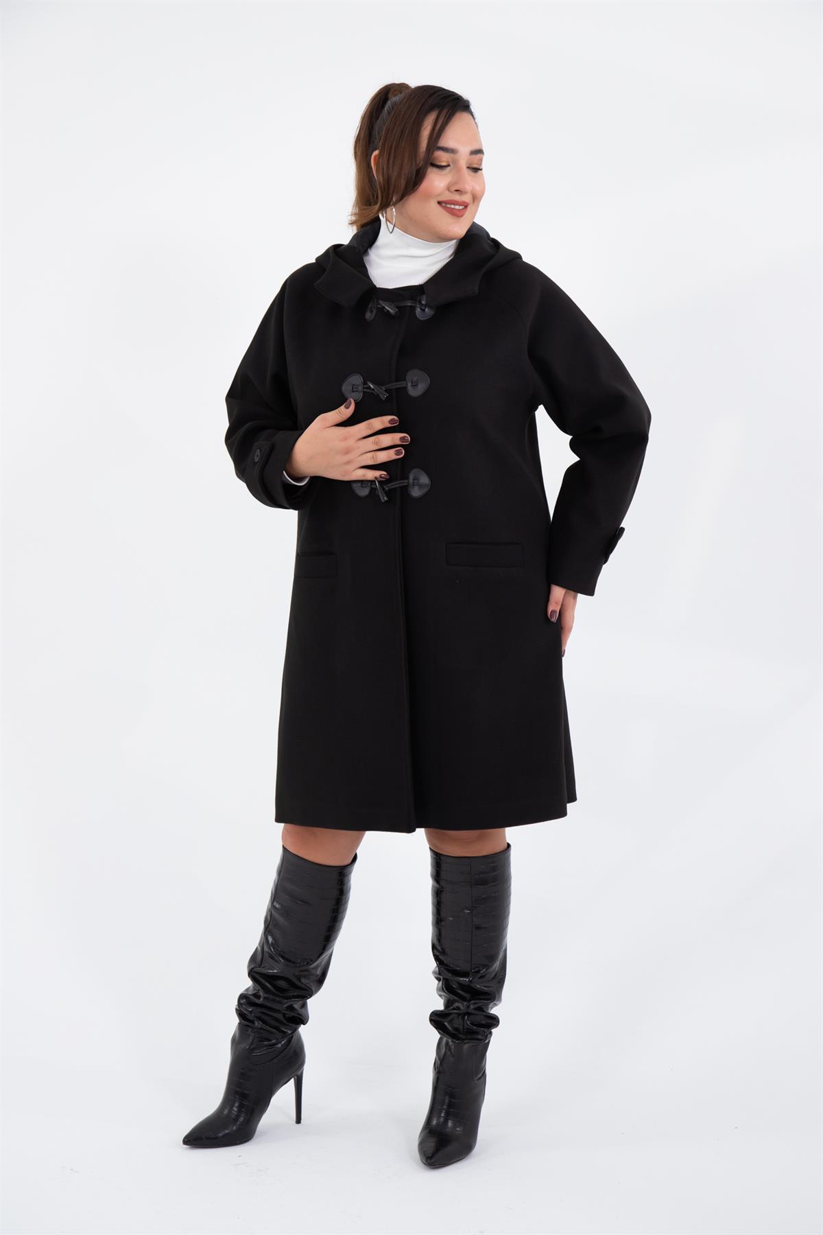 Büyük Beden 122191 Cepli-Düğme Detaylı Kaban Siyah