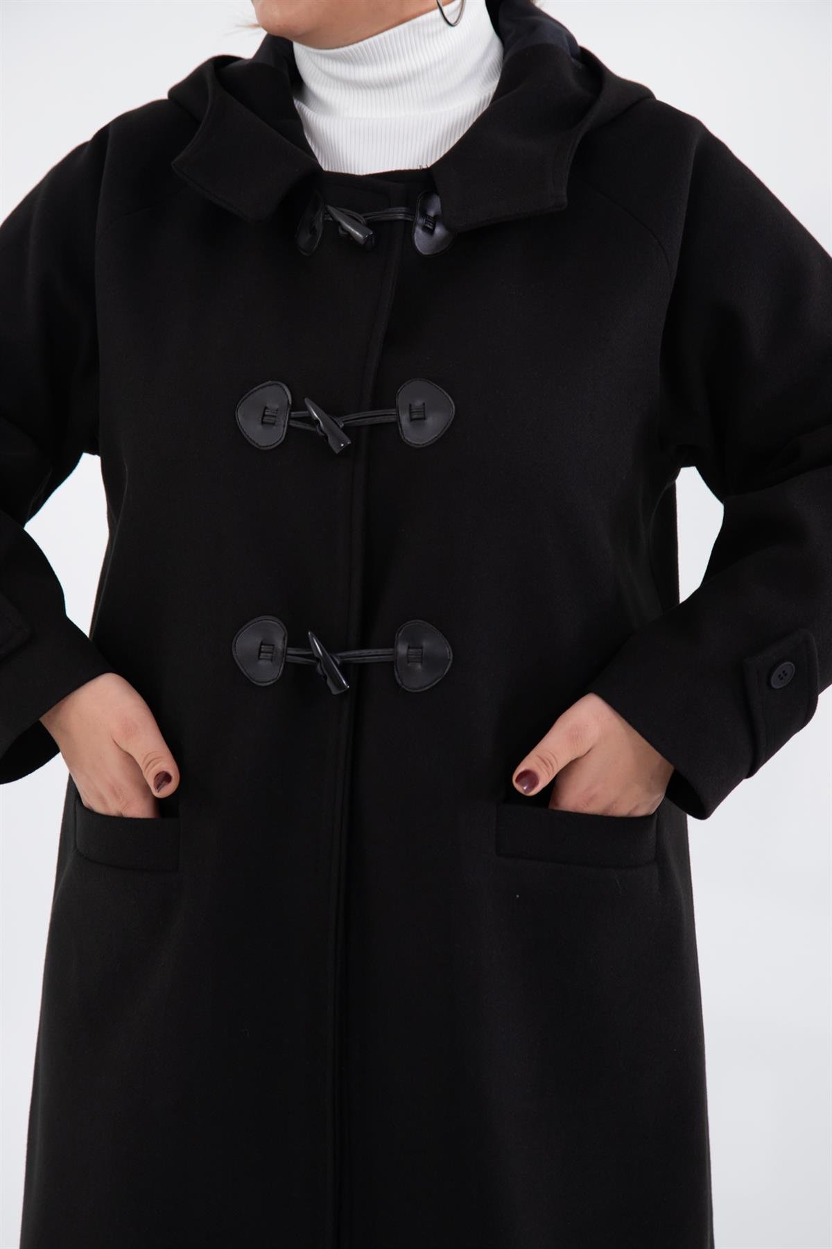 Büyük Beden 122191 Cepli-Düğme Detaylı Kaban Siyah