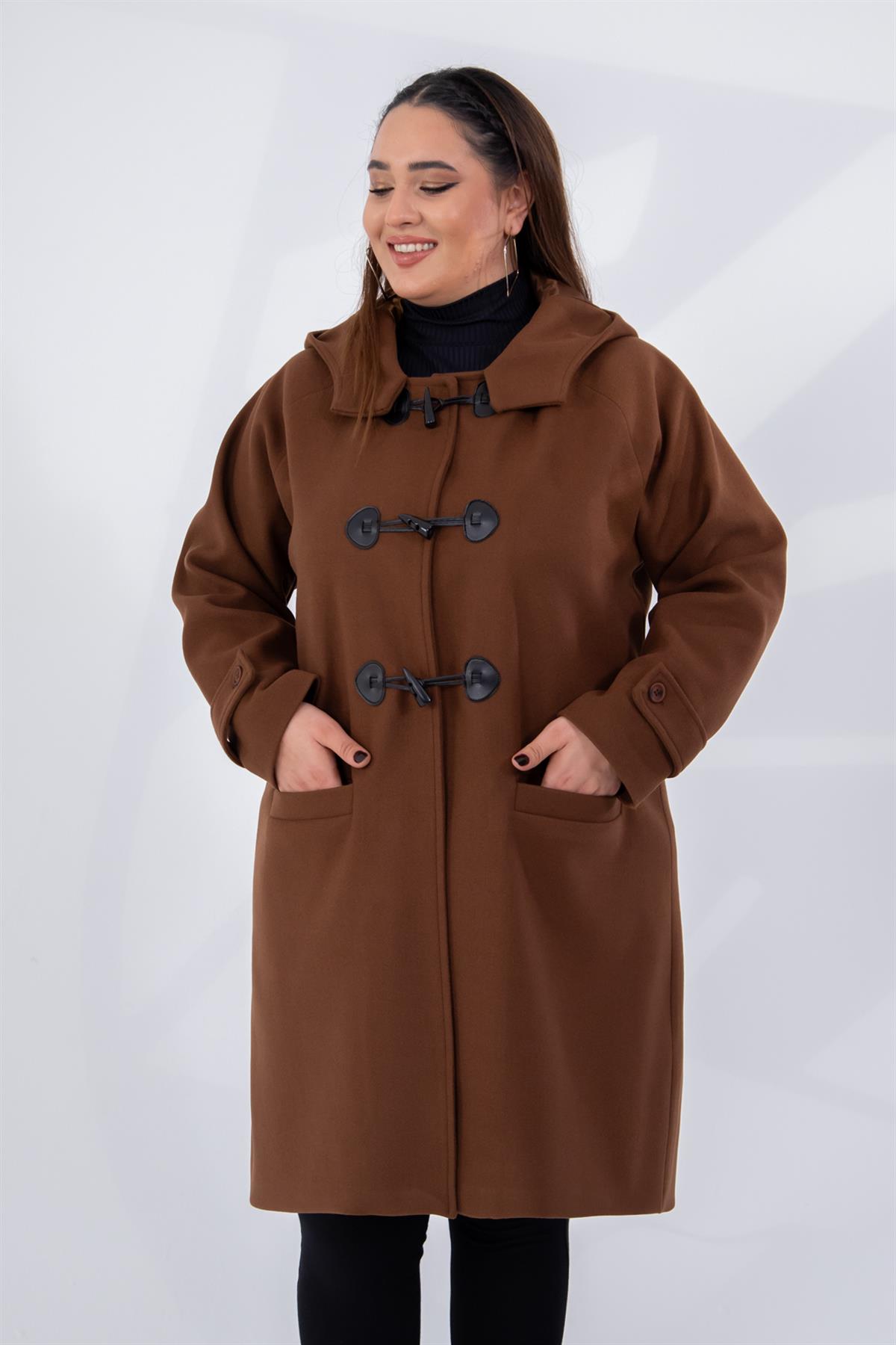 Büyük Beden 122191 Cepli-Düğme Detaylı Kaban Kahverengi