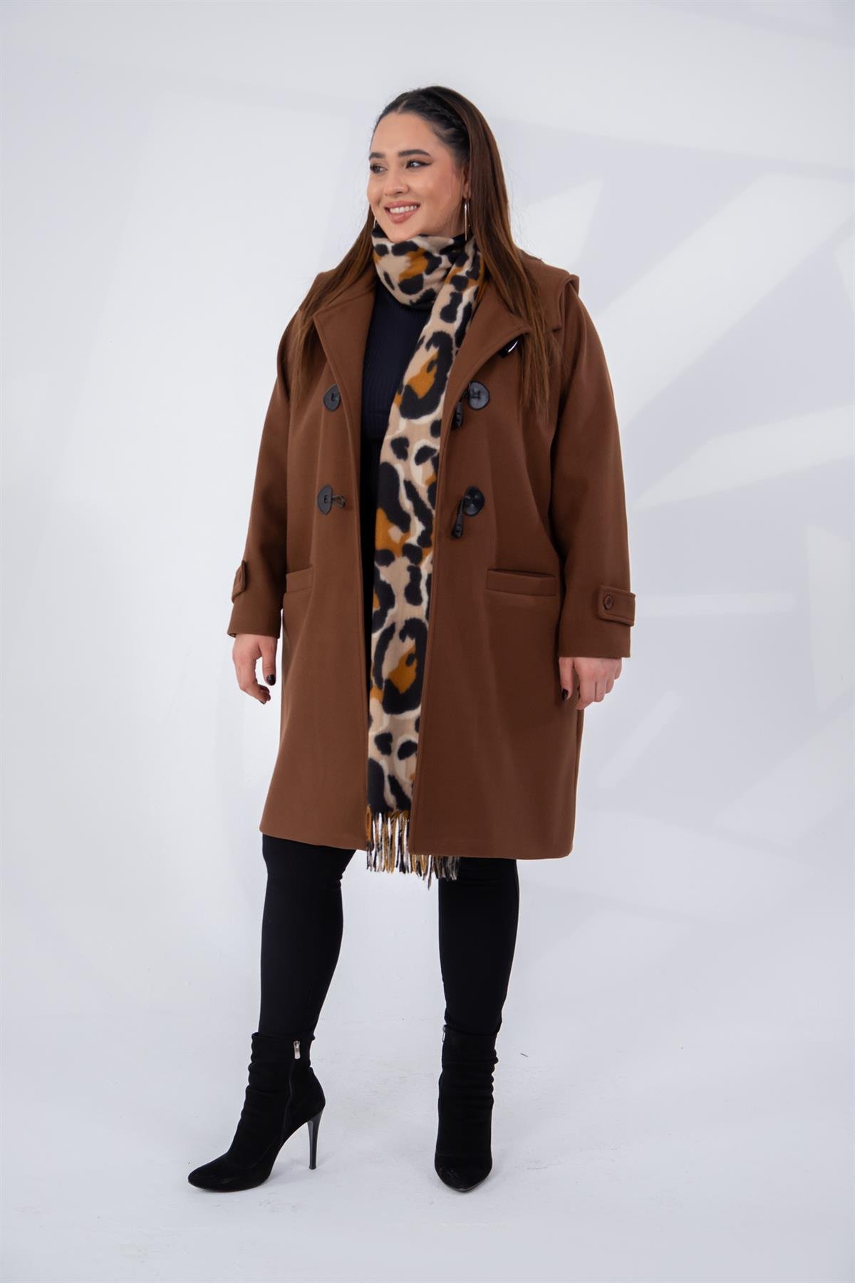 Büyük Beden 122191 Cepli-Düğme Detaylı Kaban Kahverengi