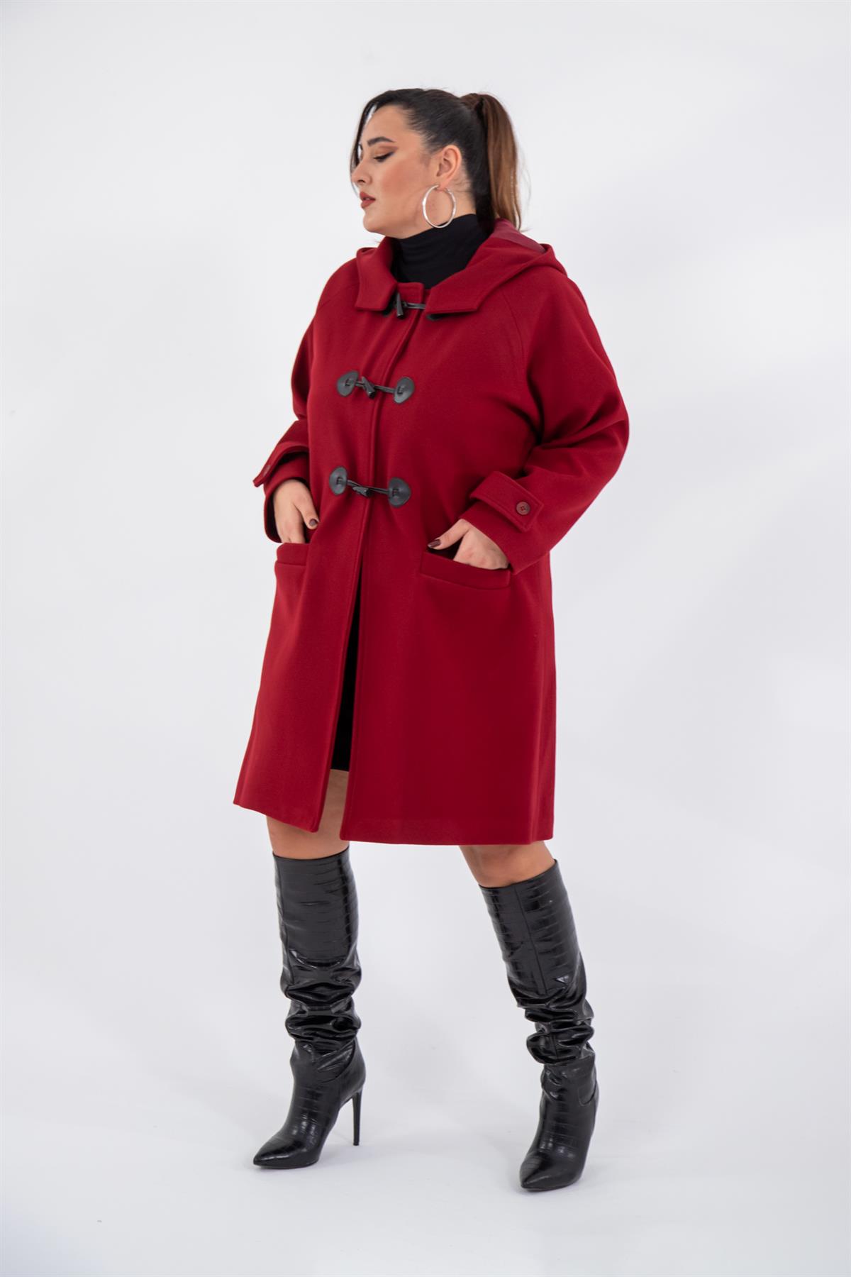 Büyük Beden 122191 Cepli-Düğme Detaylı Kaban Bordo