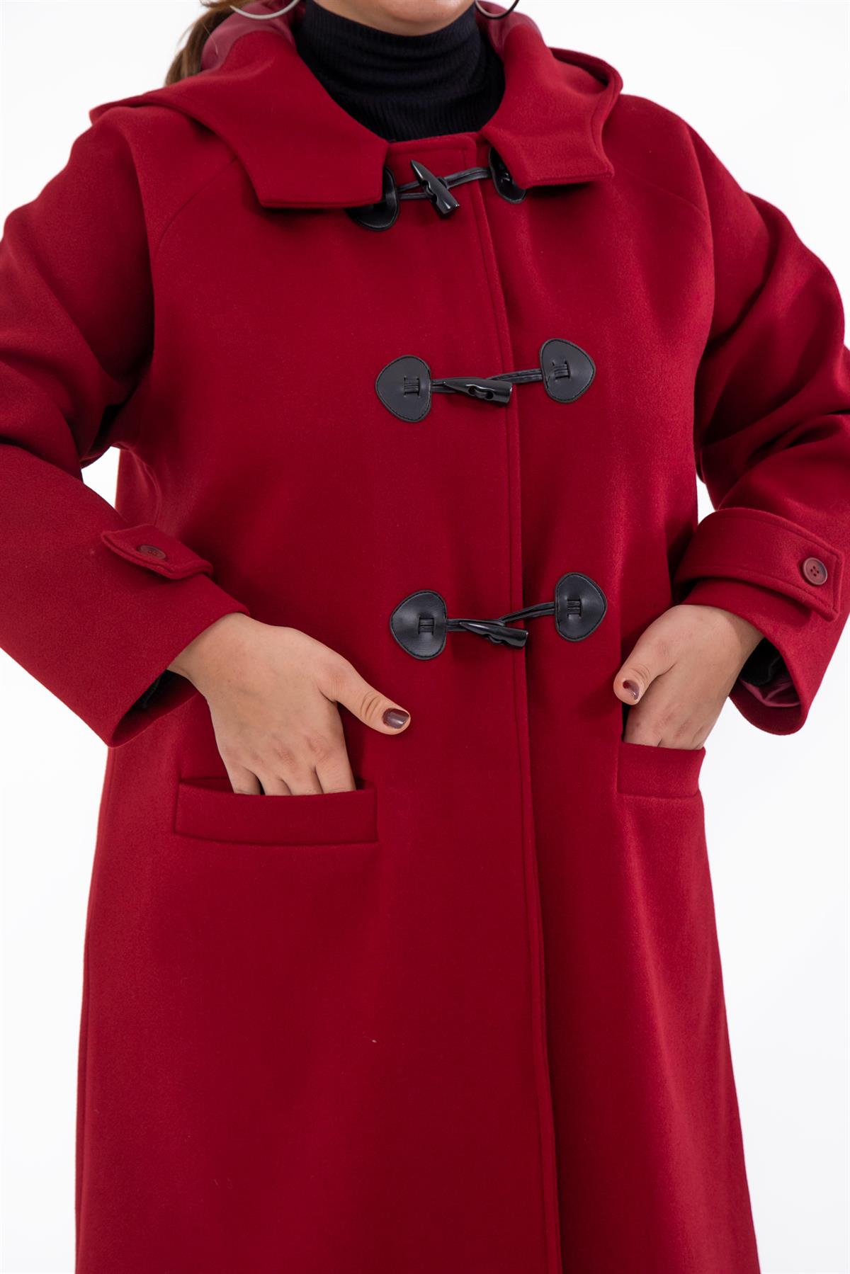 Büyük Beden 122191 Cepli-Düğme Detaylı Kaban Bordo