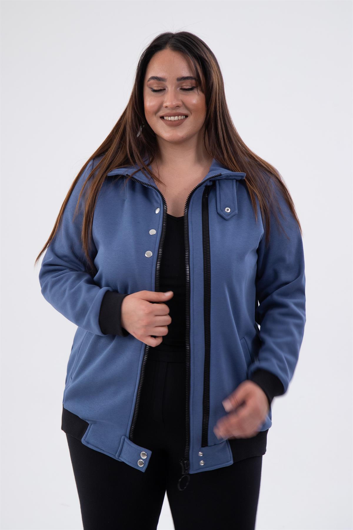 Büyük Beden 122195 Fermuar Detaylı Sweat İndigo