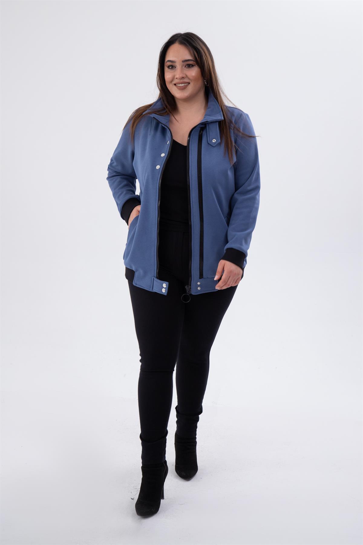 Büyük Beden 122195 Fermuar Detaylı Sweat İndigo