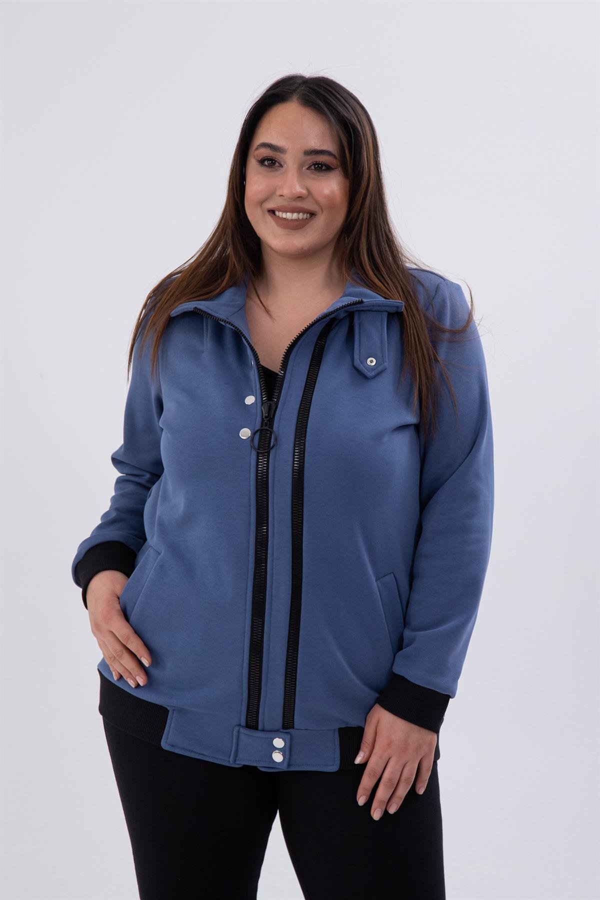 Büyük Beden 122195 Fermuar Detaylı Sweat İndigo