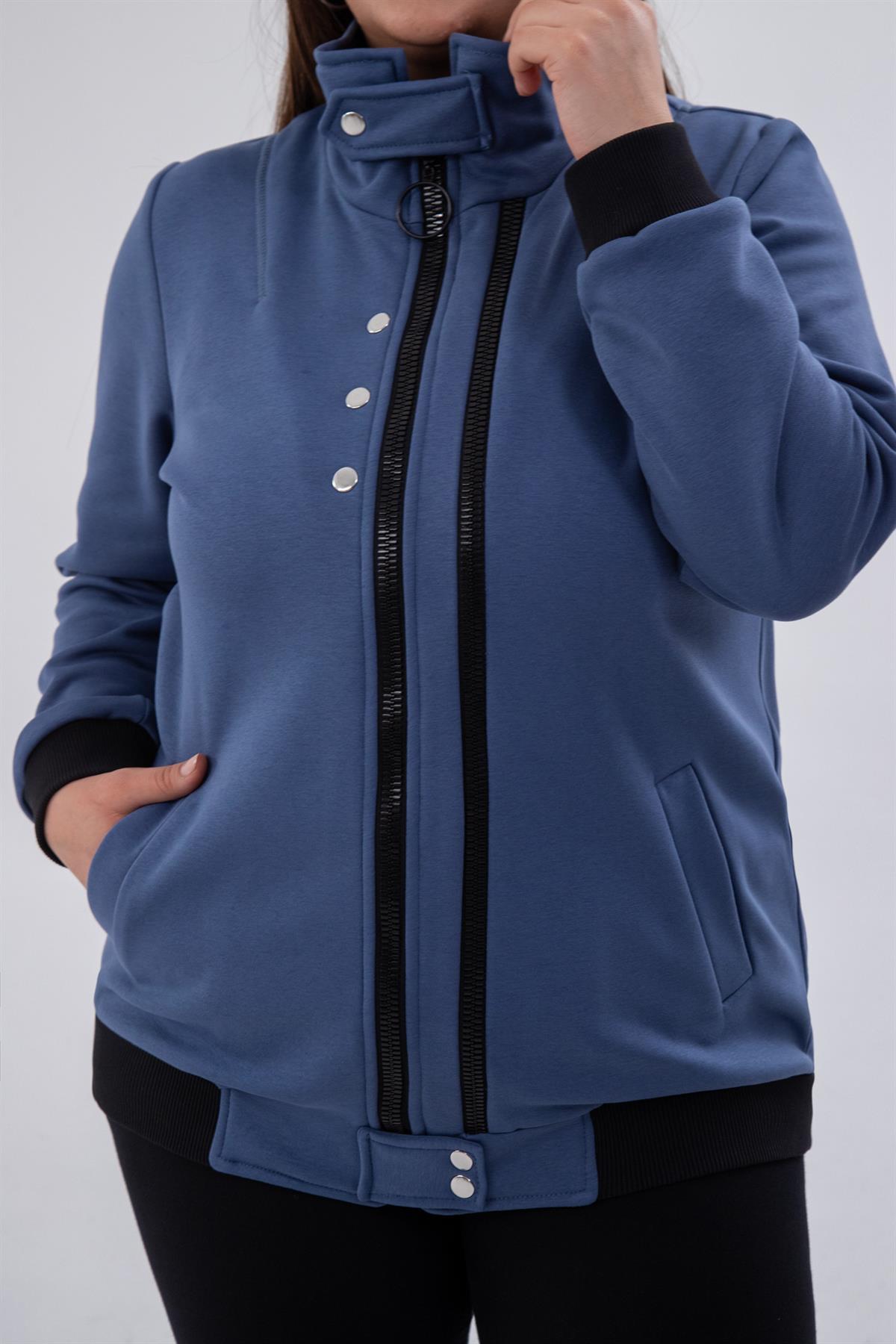 Büyük Beden 122195 Fermuar Detaylı Sweat İndigo