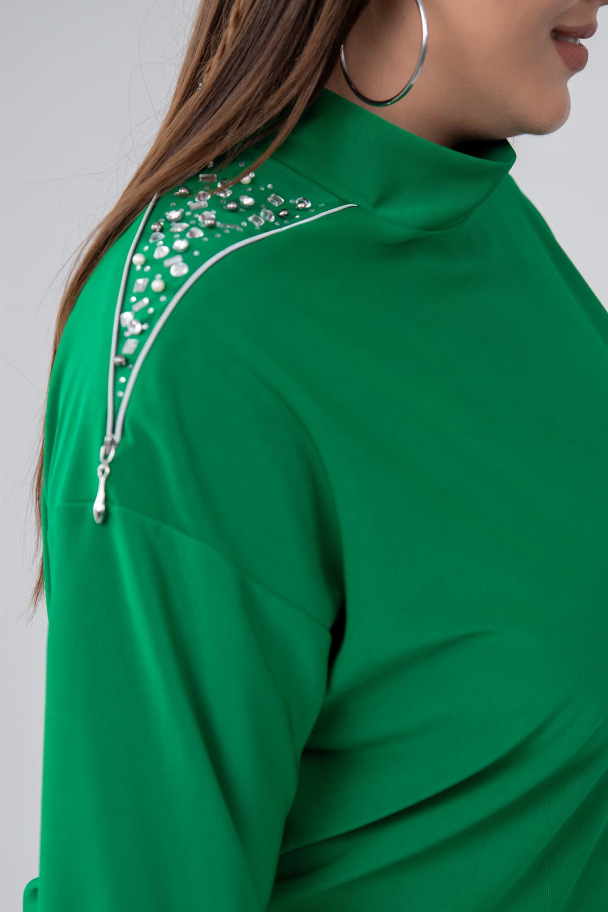 Büyük Beden 122196 Omuzu Taşlı-Fermuarlı Takım  Yeşil