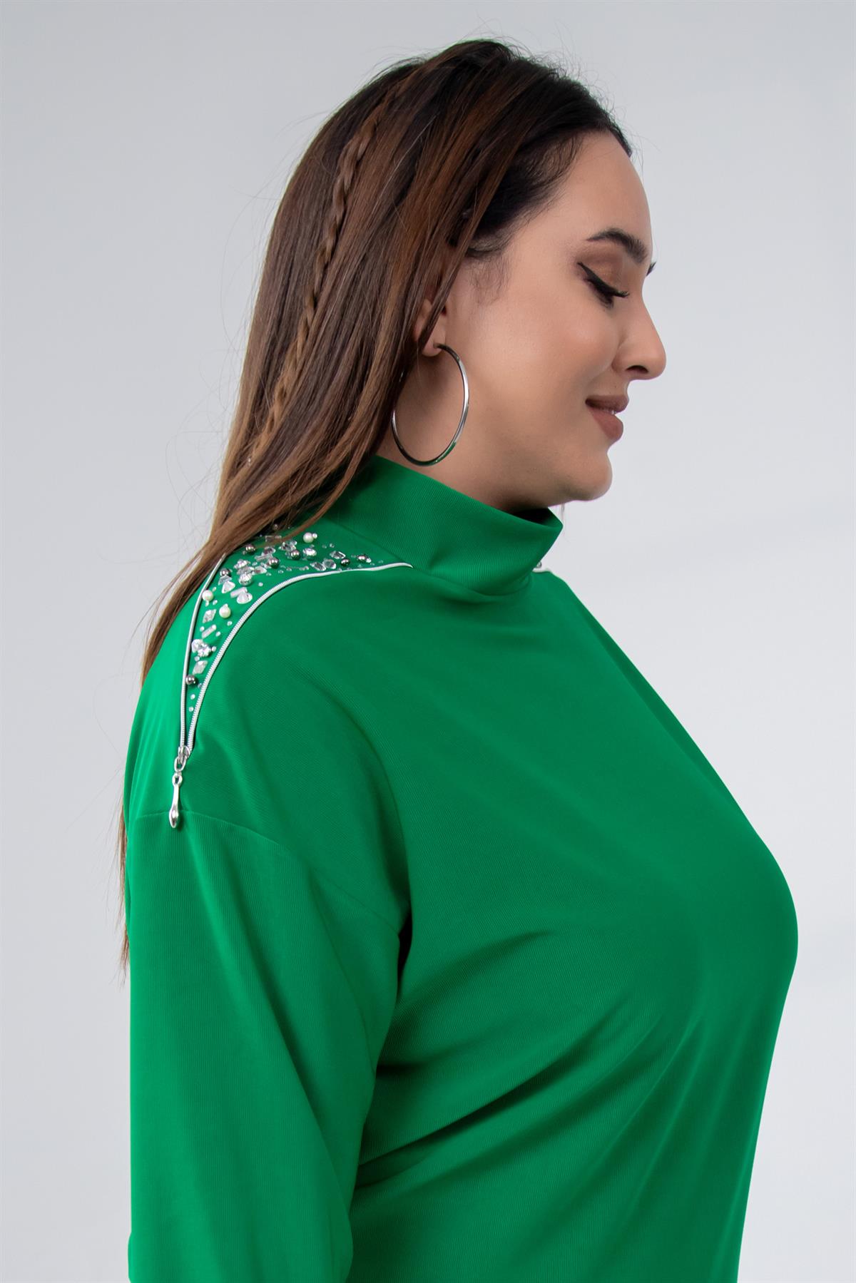 Büyük Beden 122196 Omuzu Taşlı-Fermuarlı Takım  Yeşil