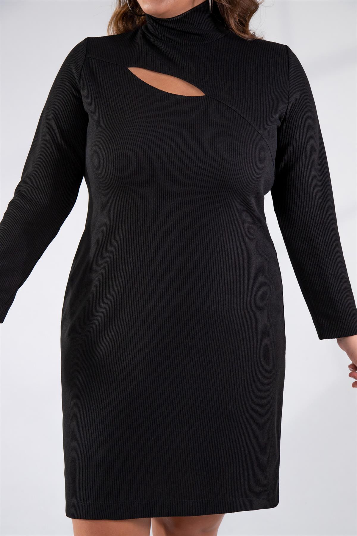 Büyük Beden 122197 Gögüs Detaylı Triko Elbise  Siyah