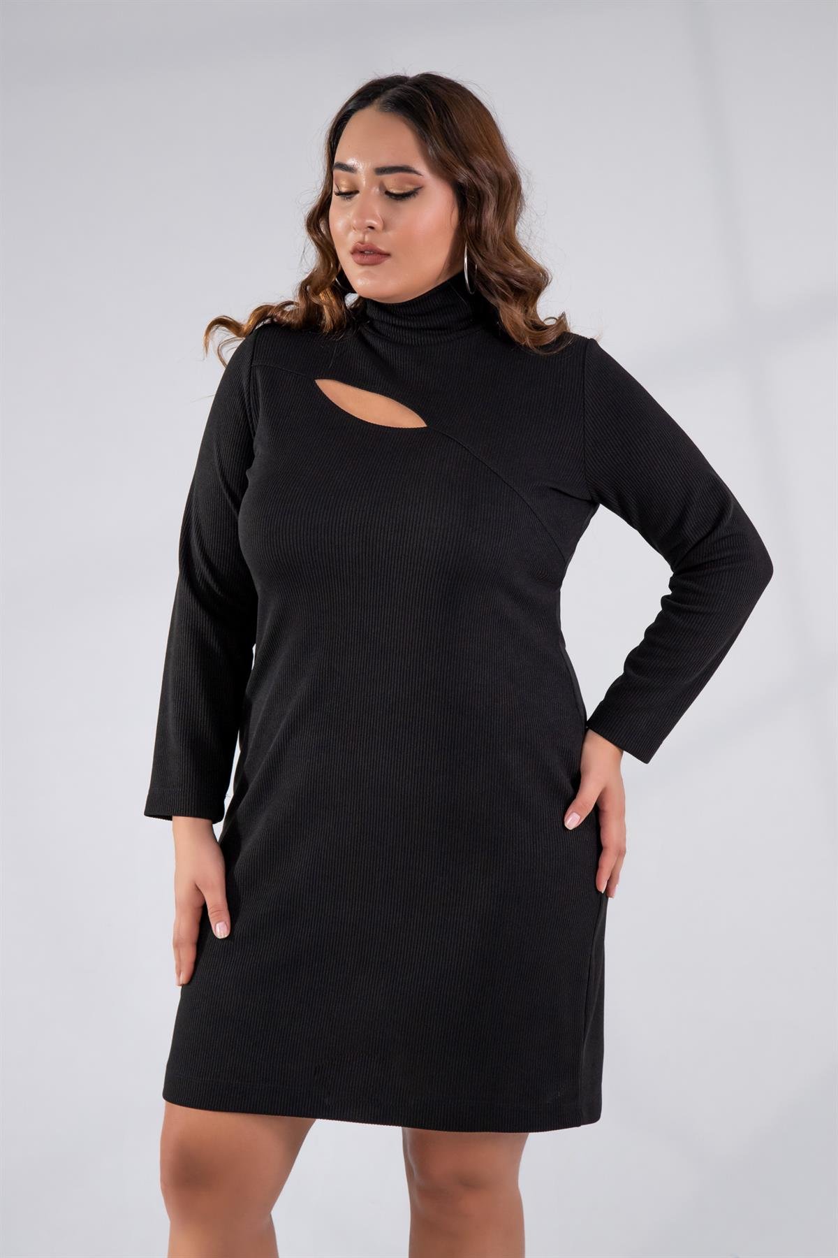 Büyük Beden 122197 Gögüs Detaylı Triko Elbise  Siyah