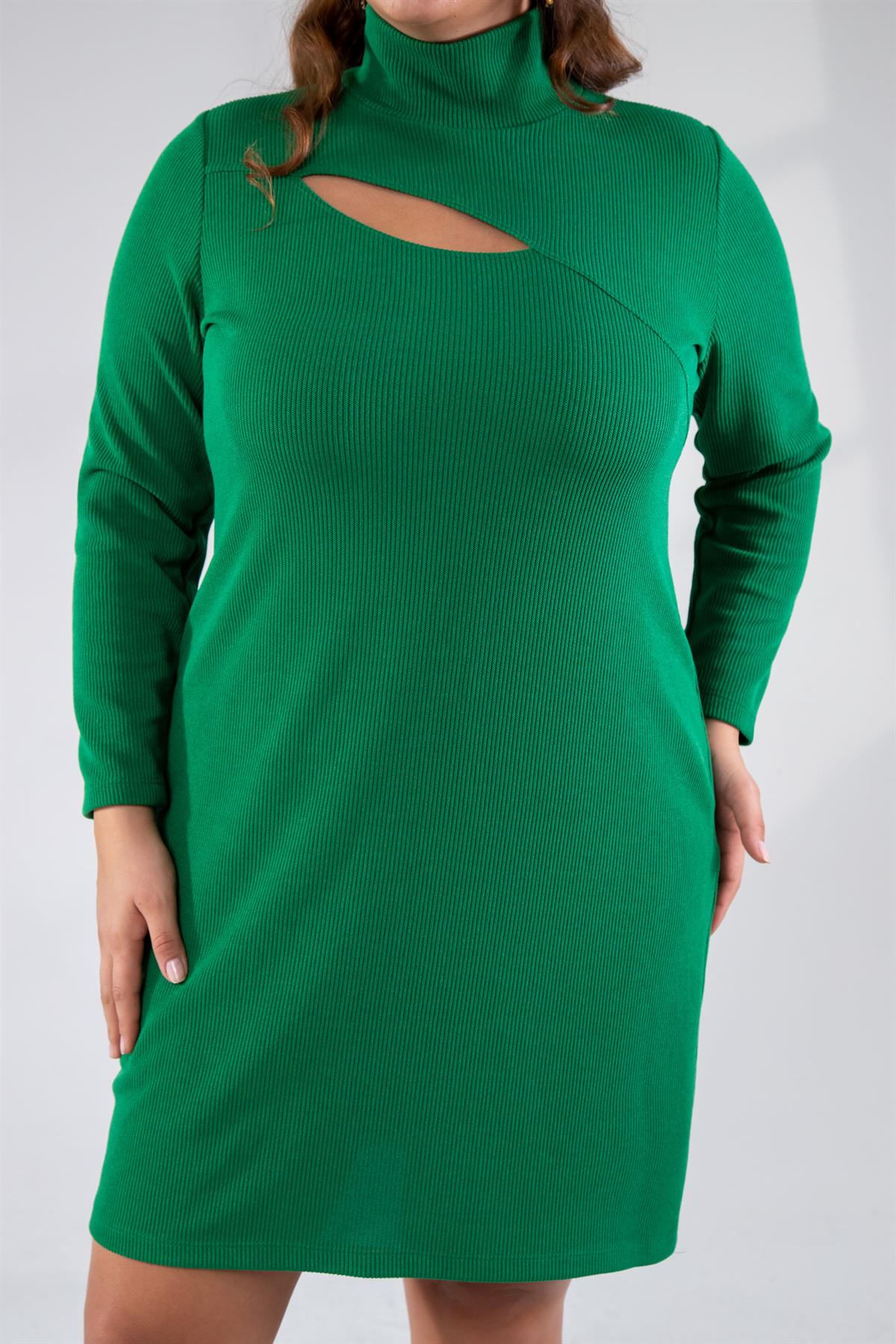Büyük Beden 122197 Gögüs Detaylı Triko Elbise  Yeşil