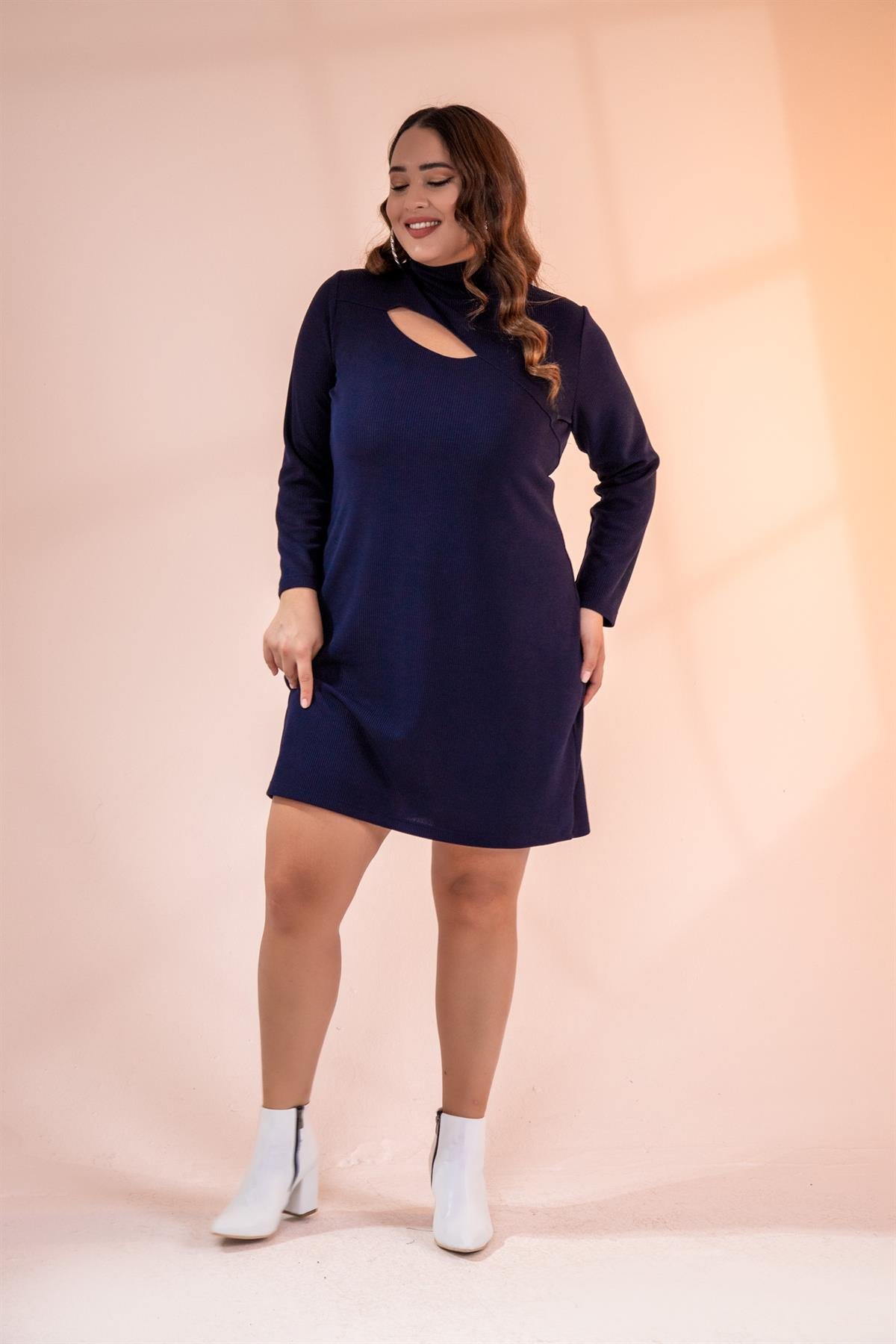 Büyük Beden 122197 Gögüs Detaylı Triko Elbise  Lacivert