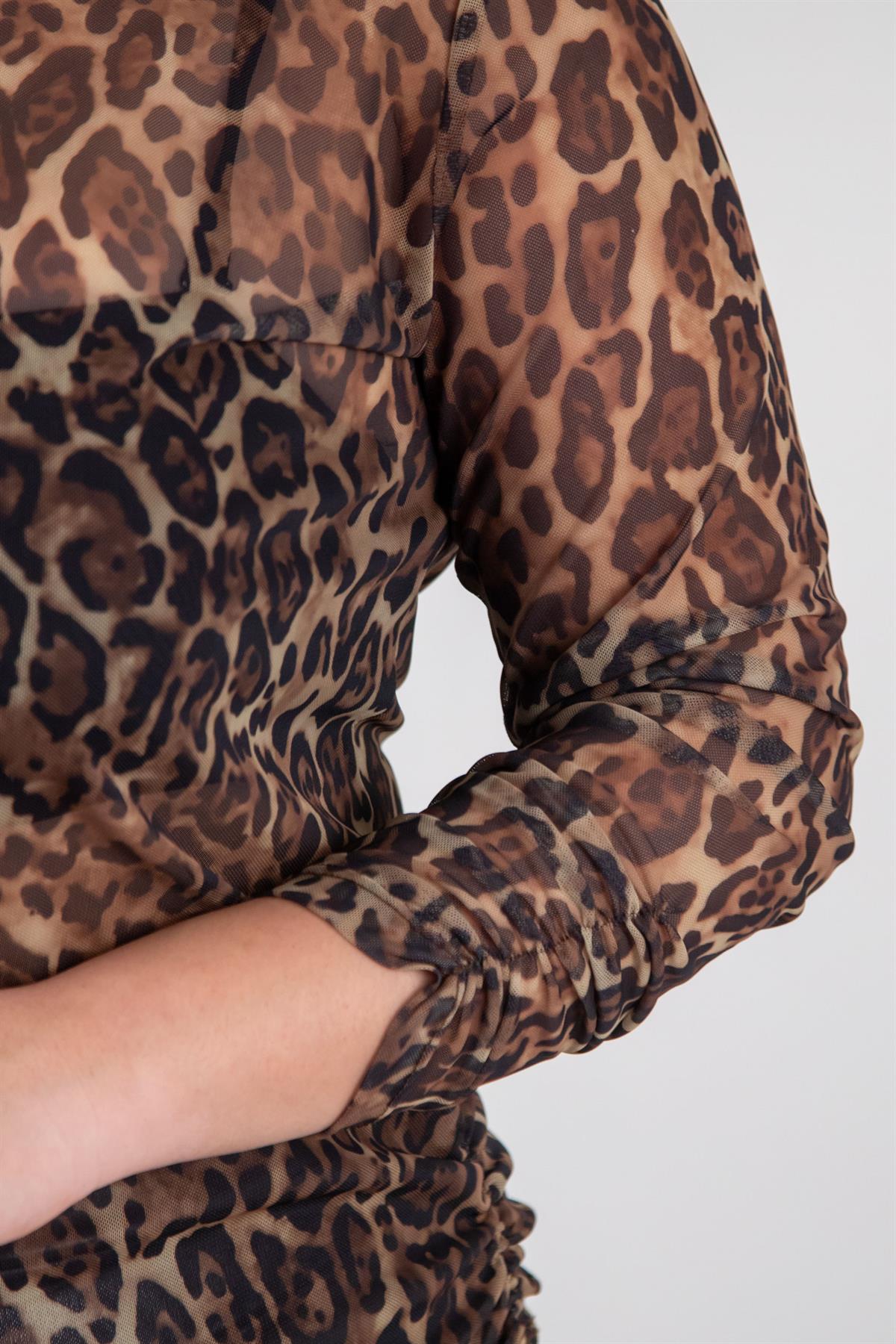 Büyük Beden 122201 Leopar Desenli Bluz  Kahverengi