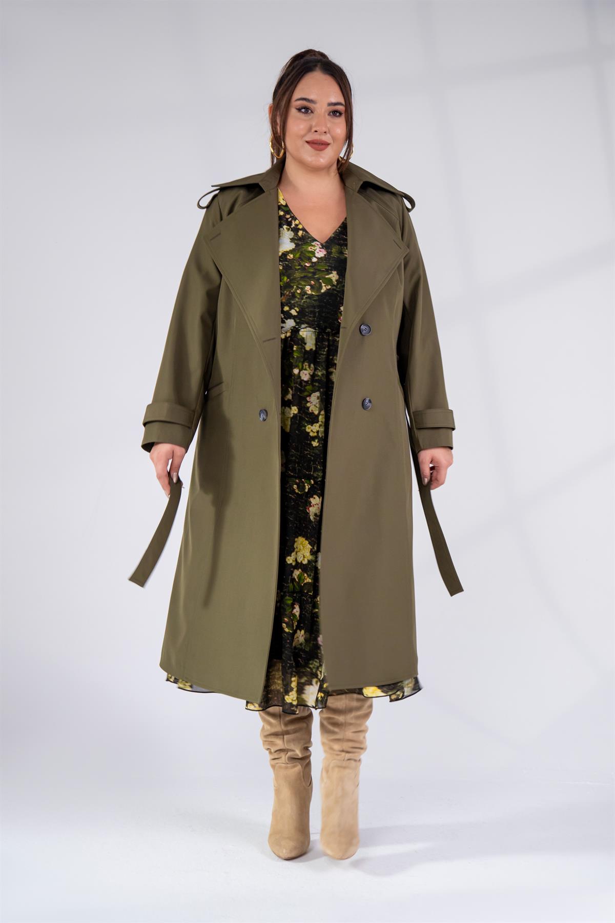 Büyük Beden 122207 Yaka Tokalı Trençkot  Haki