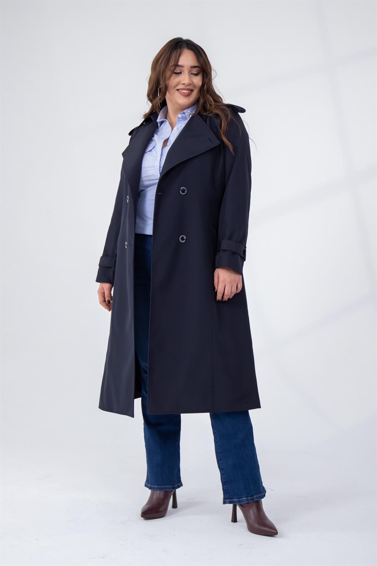 Büyük Beden 122207 Yaka Tokalı Trençkot  Lacivert