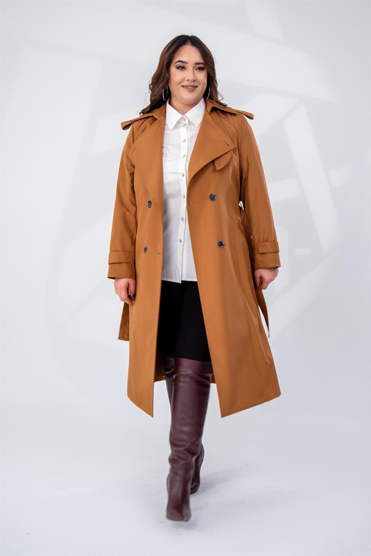 Büyük Beden 122207 Yaka Tokalı Trençkot  Taba