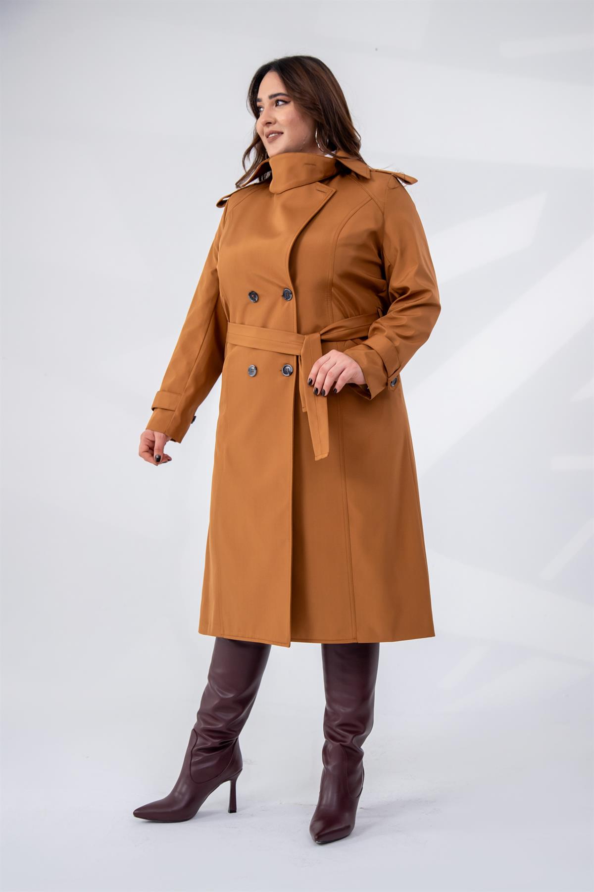 Büyük Beden 122207 Yaka Tokalı Trençkot  Taba