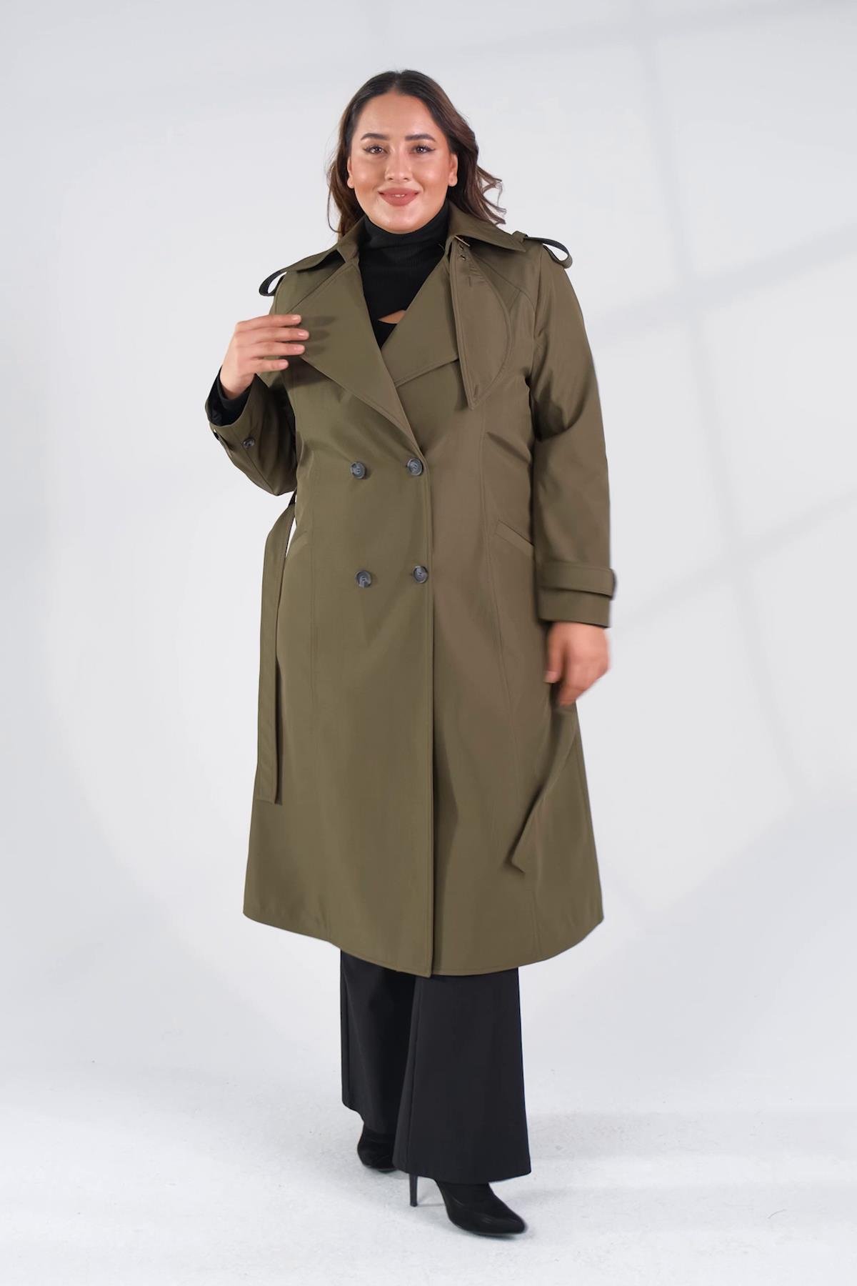 Büyük Beden 122207 Yaka Tokalı Trençkot  Haki