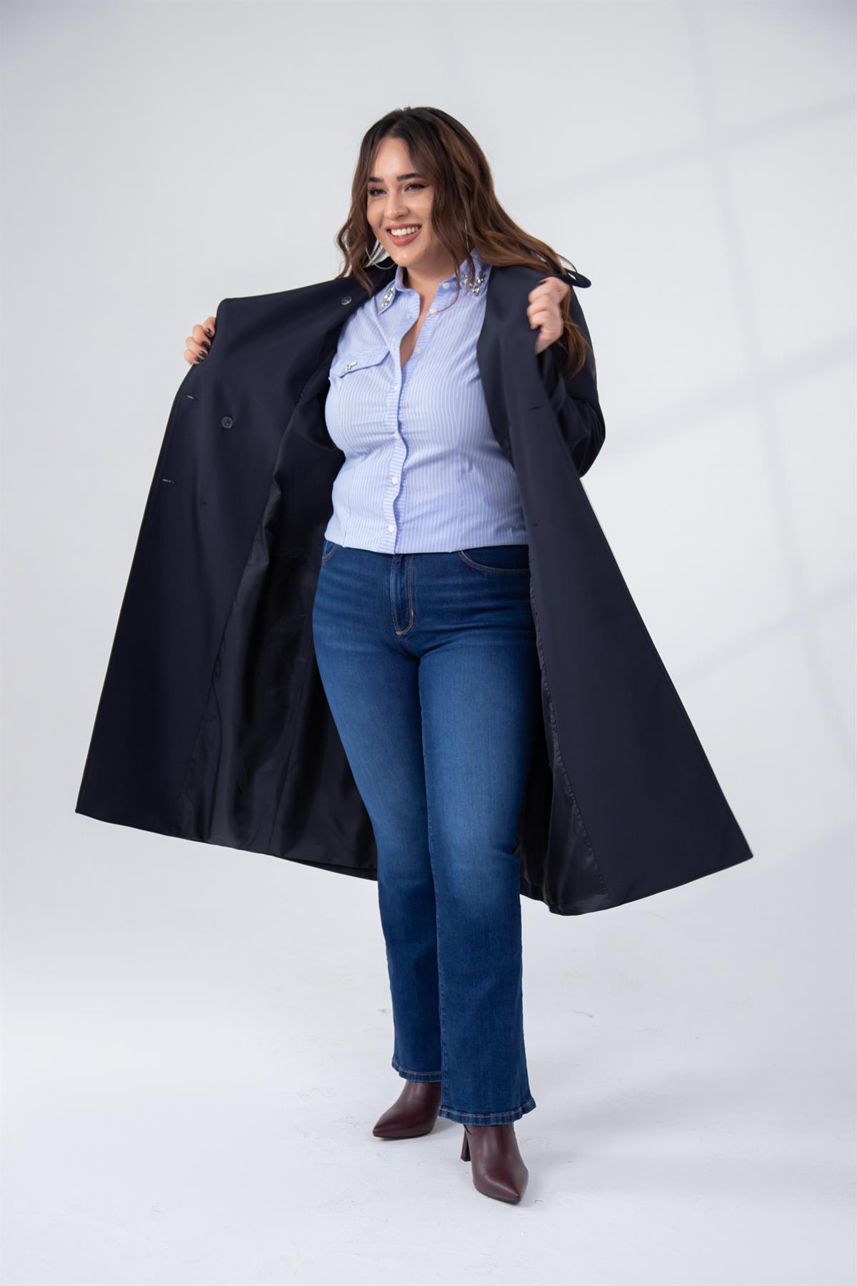 Büyük Beden 122207 Yaka Tokalı Trençkot  Lacivert