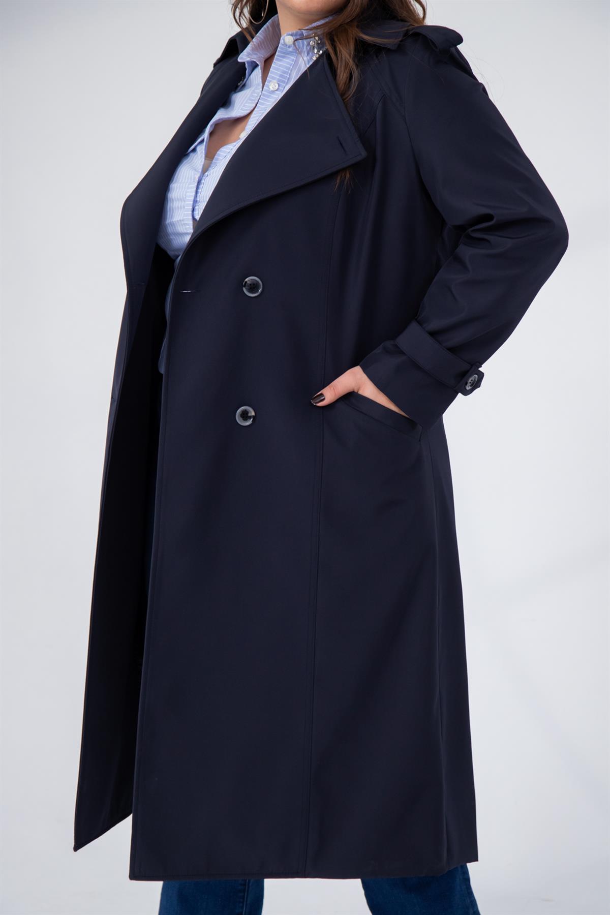 Büyük Beden 122207 Yaka Tokalı Trençkot  Lacivert