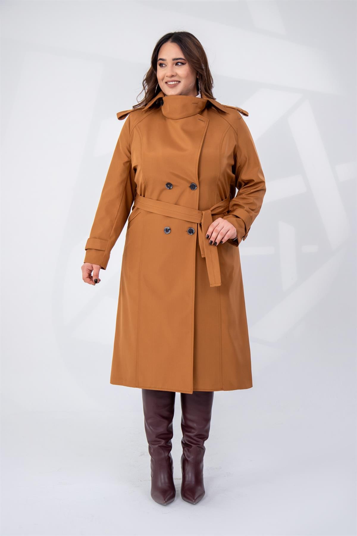 Büyük Beden 122207 Yaka Tokalı Trençkot  Taba