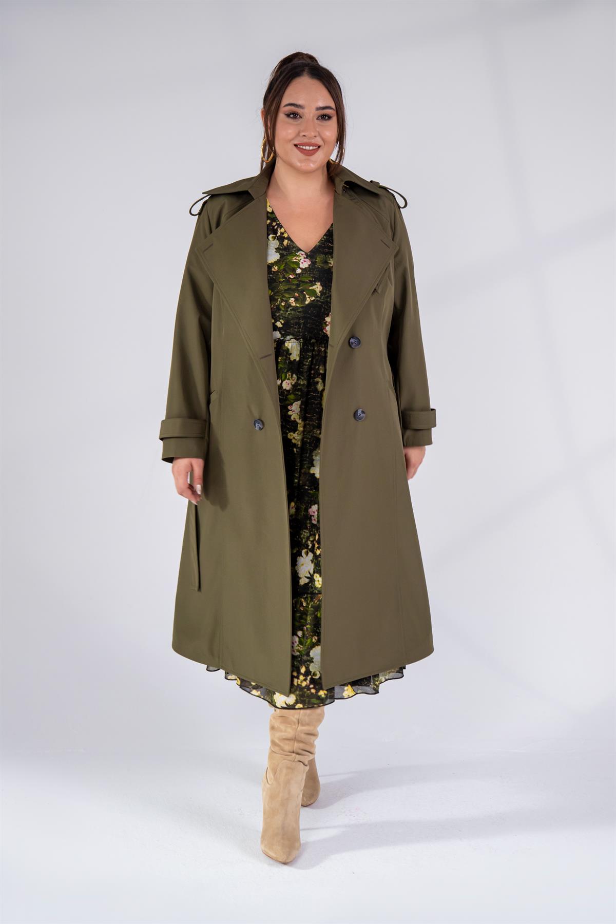 Büyük Beden 122207 Yaka Tokalı Trençkot  Haki