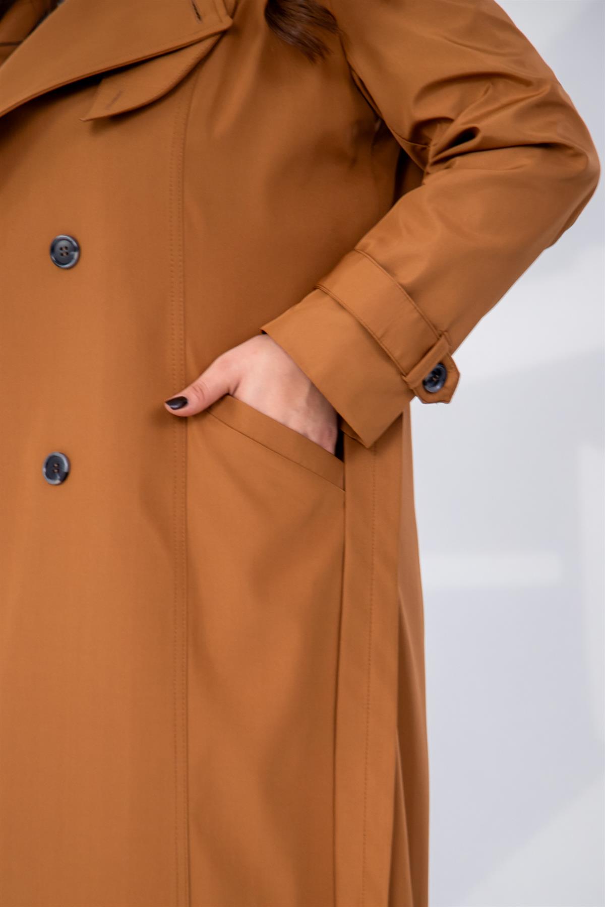 Büyük Beden 122207 Yaka Tokalı Trençkot  Taba