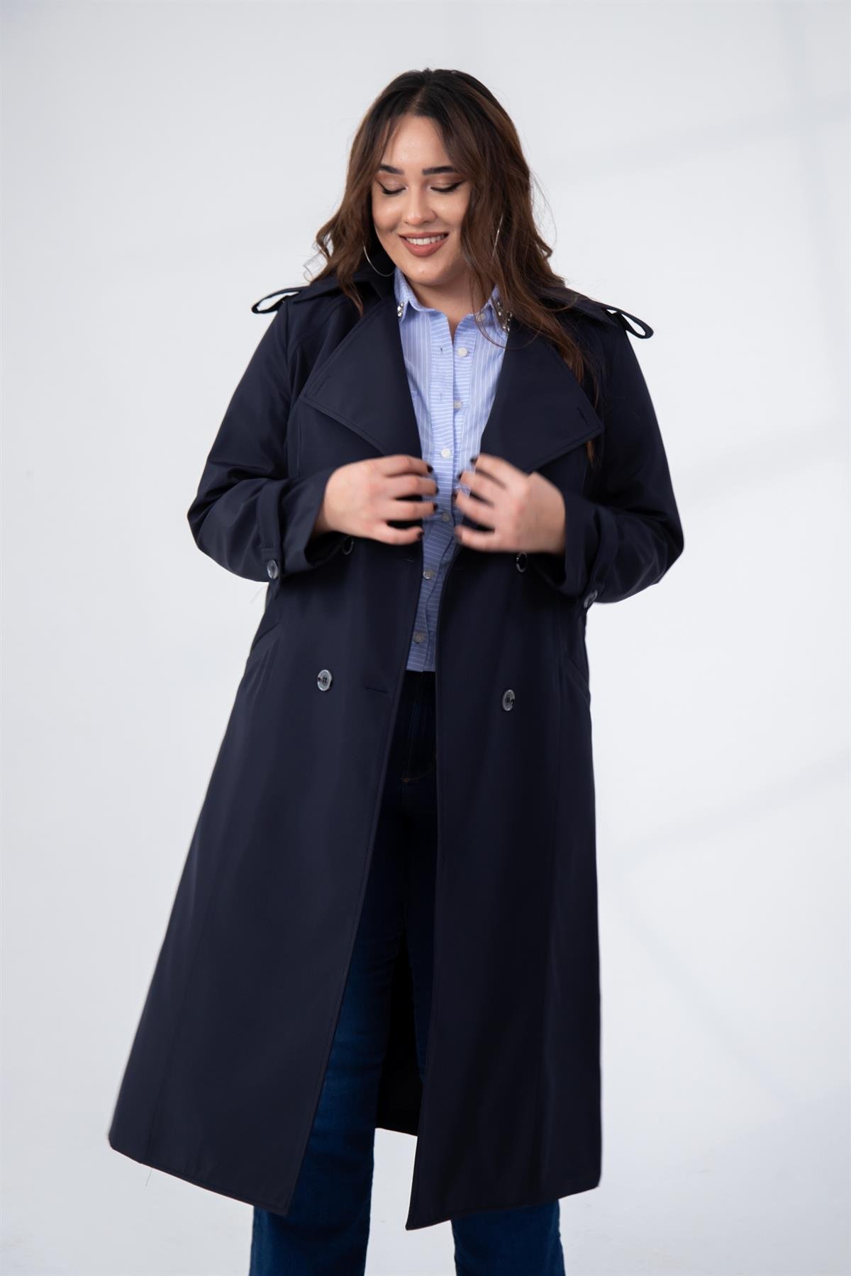 Büyük Beden 122207 Yaka Tokalı Trençkot  Lacivert