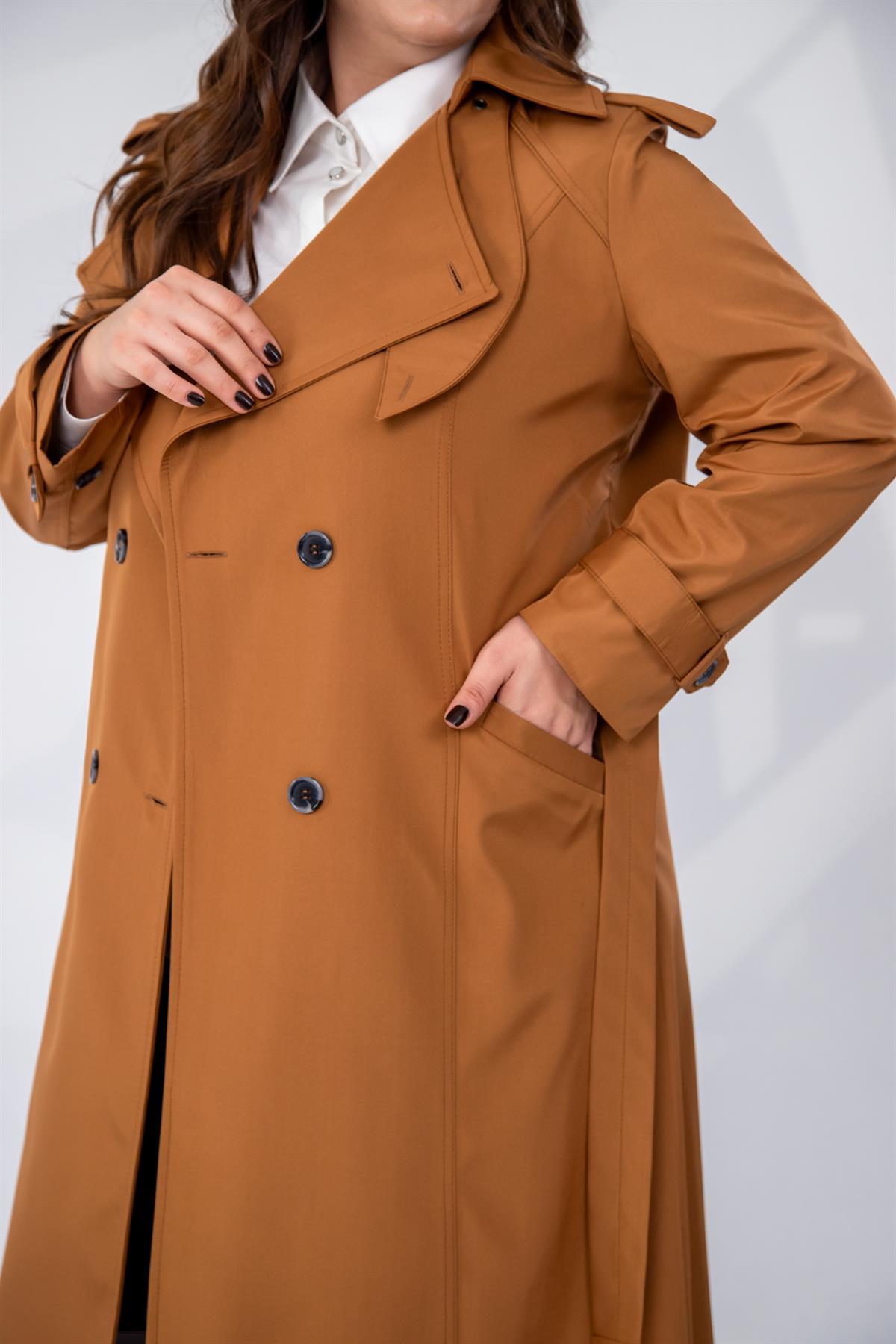 Büyük Beden 122207 Yaka Tokalı Trençkot  Taba