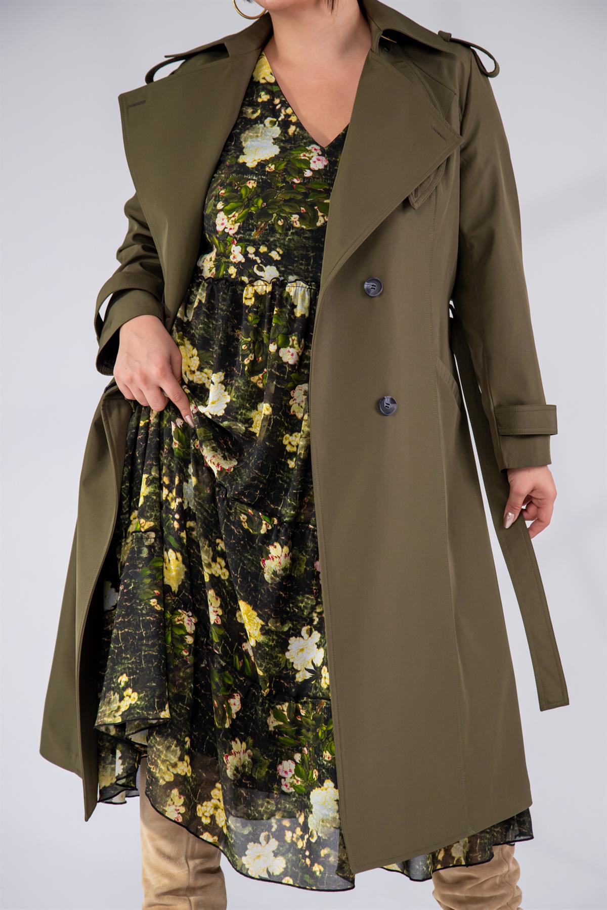 Büyük Beden 122207 Yaka Tokalı Trençkot  Haki