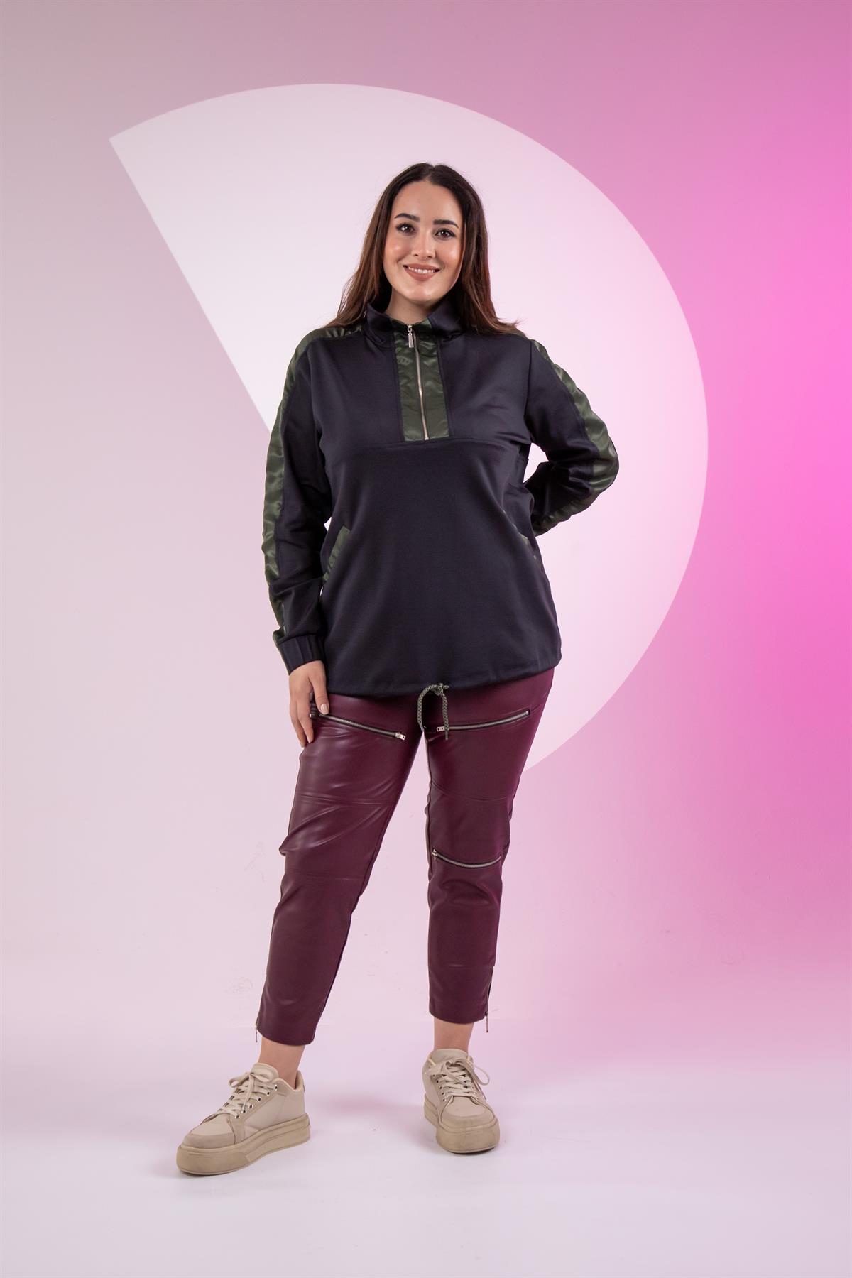 Büyük Beden 12223271 Fermuarlı Saten Garnili  Sweat Siyah