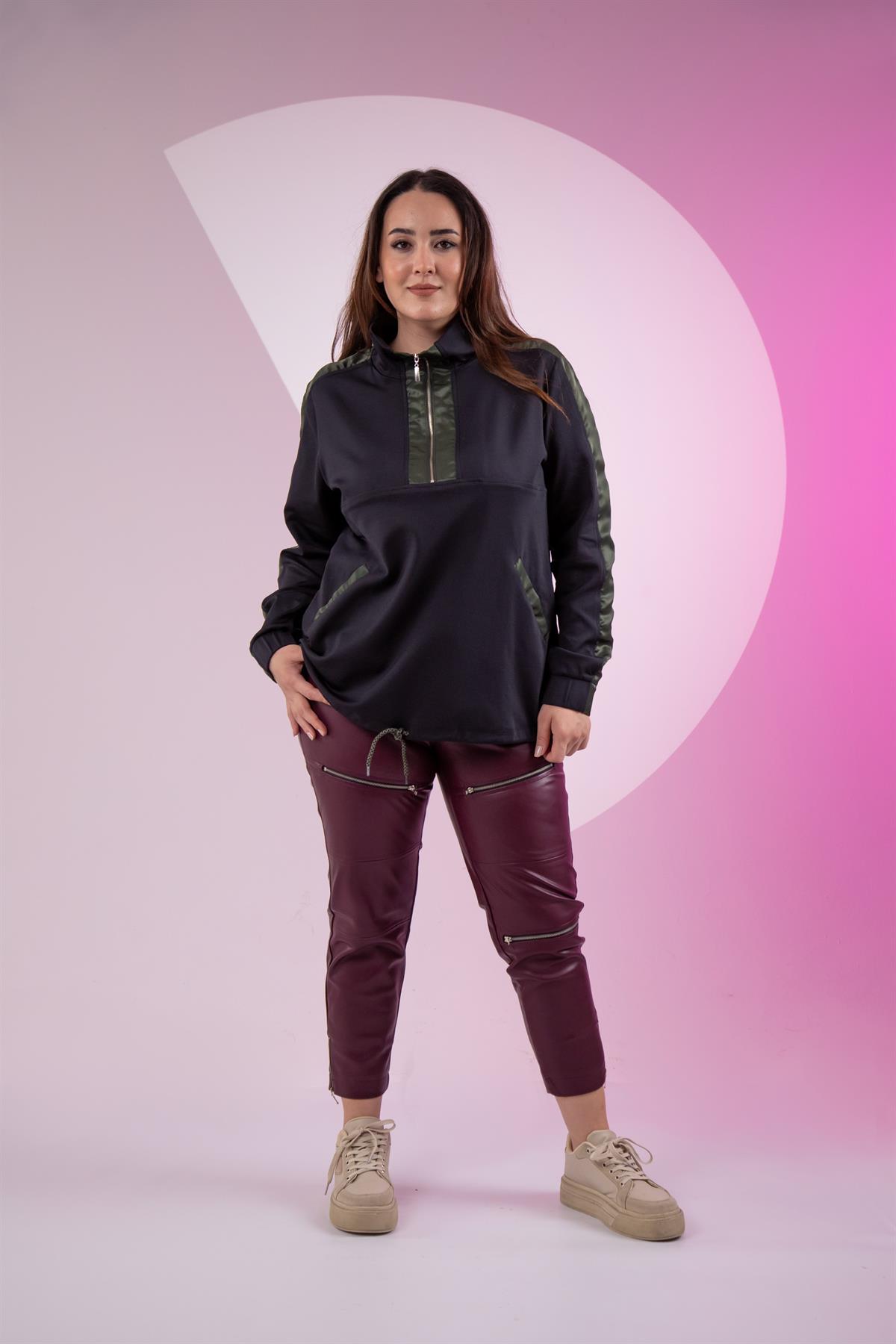 Büyük Beden 12223271 Fermuarlı Saten Garnili  Sweat Siyah