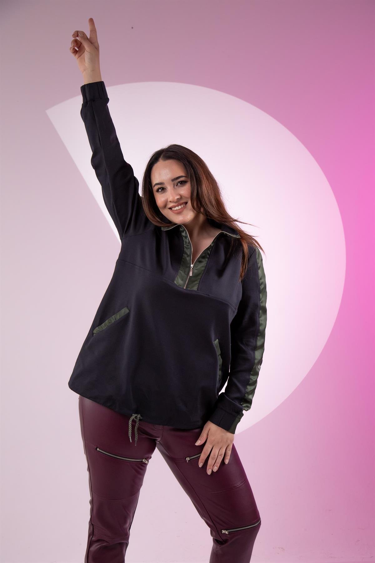 Büyük Beden 12223271 Fermuarlı Saten Garnili  Sweat Siyah