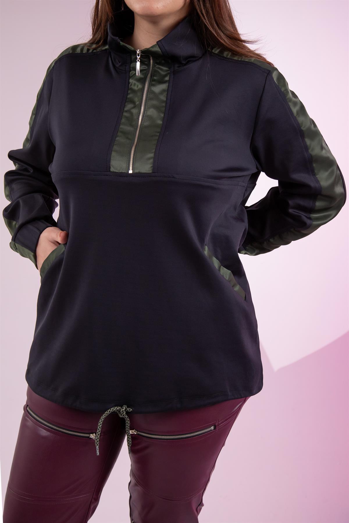 Büyük Beden 12223271 Fermuarlı Saten Garnili  Sweat Siyah