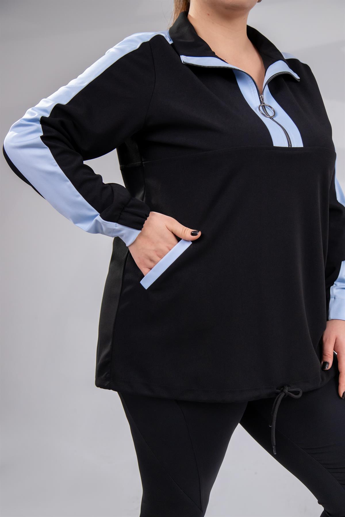 Büyük Beden 12223271 Fermuarlı Saten Garnili  Sweat Mavi