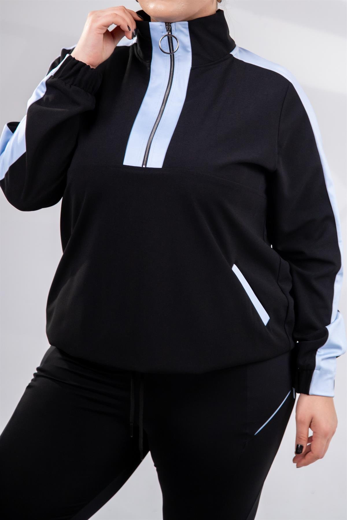 Büyük Beden 12223271 Fermuarlı Saten Garnili  Sweat Mavi