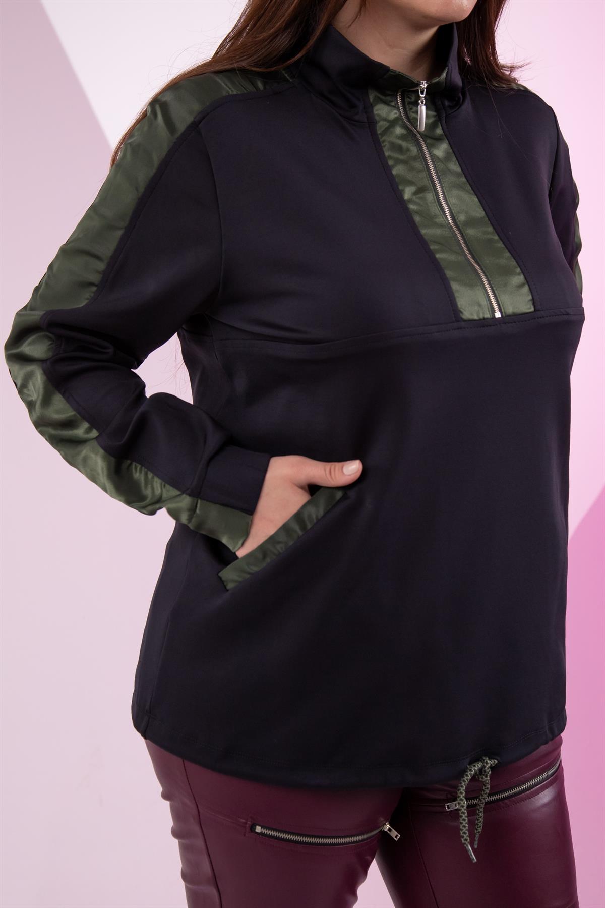 Büyük Beden 12223271 Fermuarlı Saten Garnili  Sweat Siyah