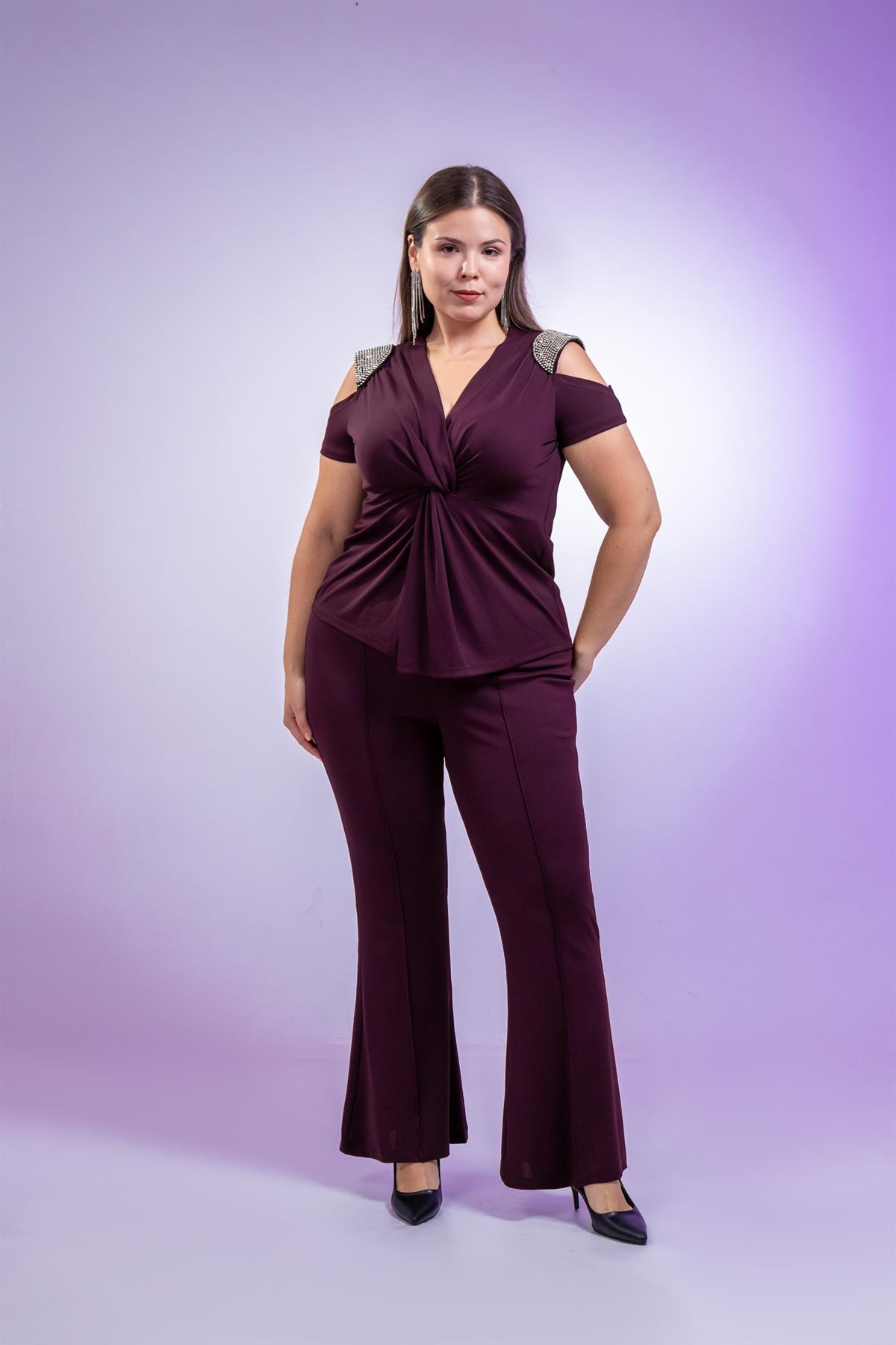 Büyük Beden 1222372  Omuzu Taşlı Takım  Mor