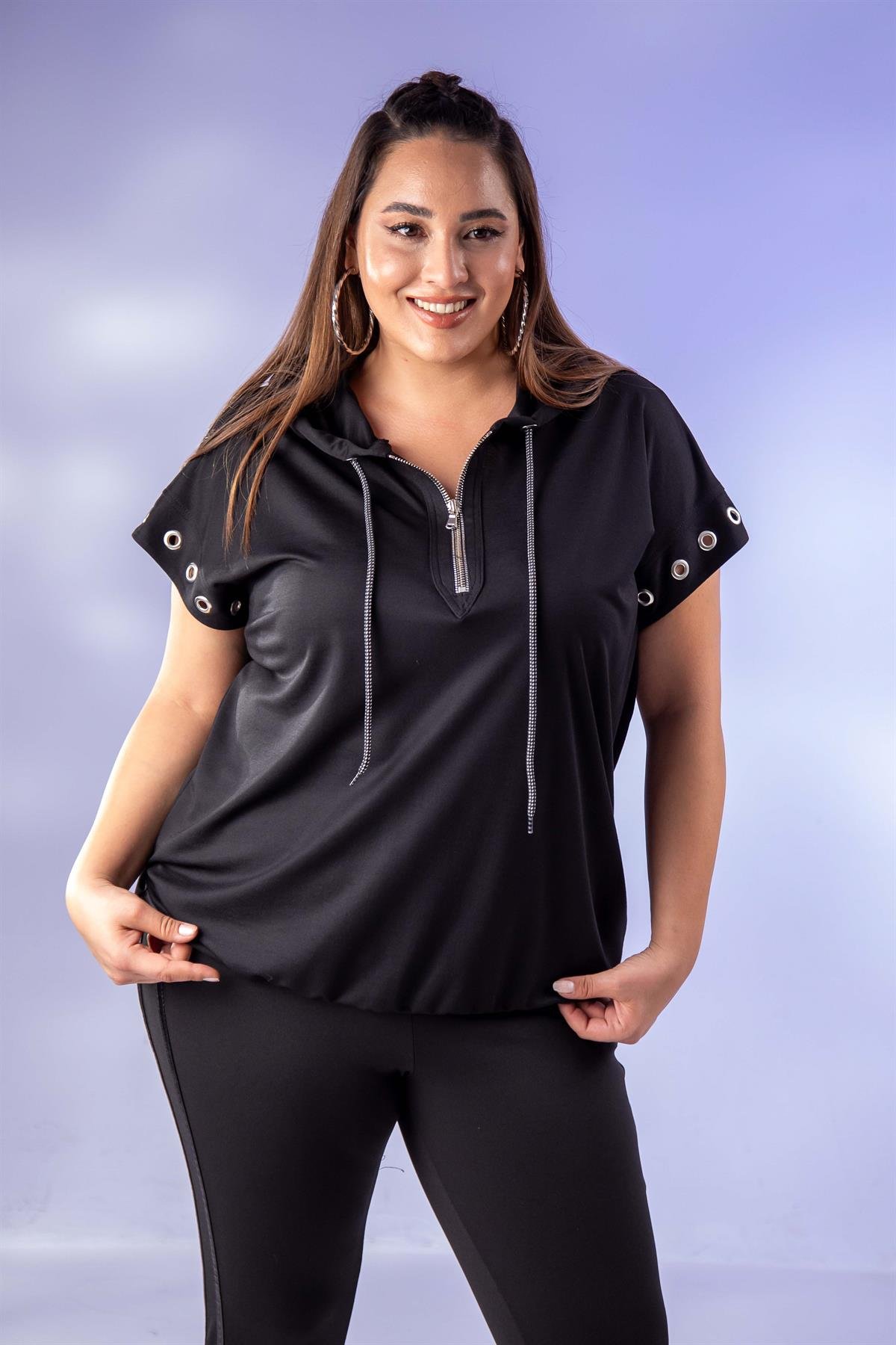 Büyük Beden 12224123 Kuş Gözlü Sweat Siyah