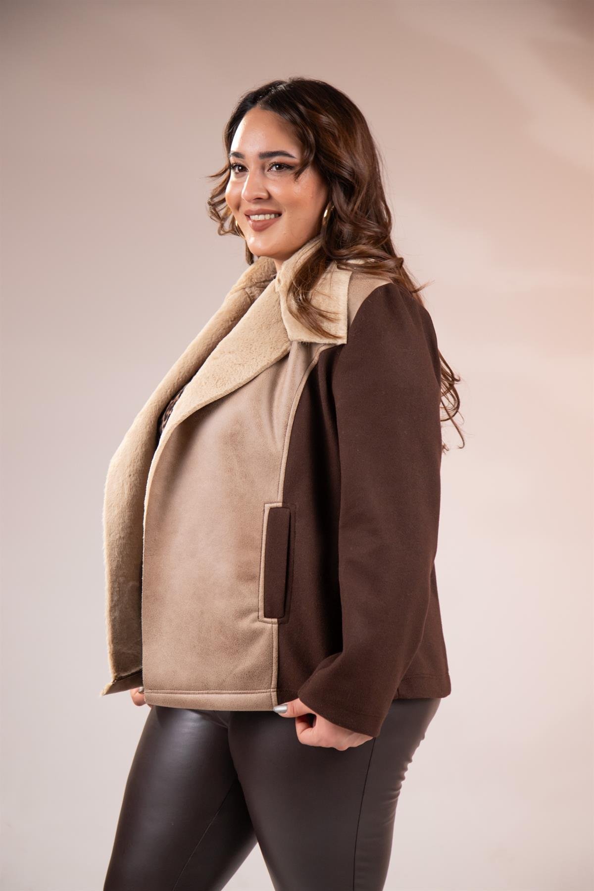 Büyük Beden 12224154 Kürk Yaka Kaşe Mont Kahverengı