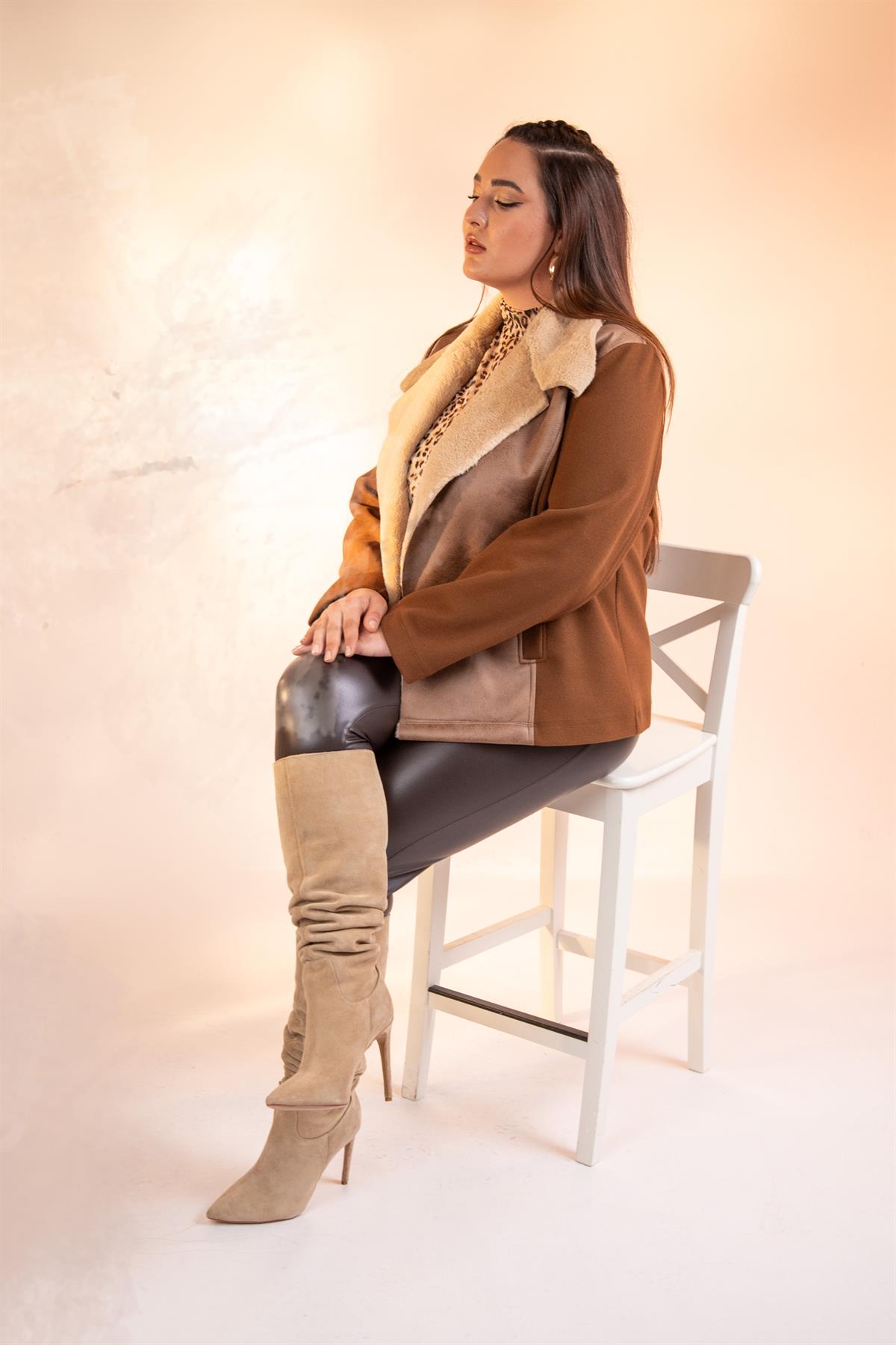 Büyük Beden 12224154 Kürk Yaka Kaşe Mont Camel