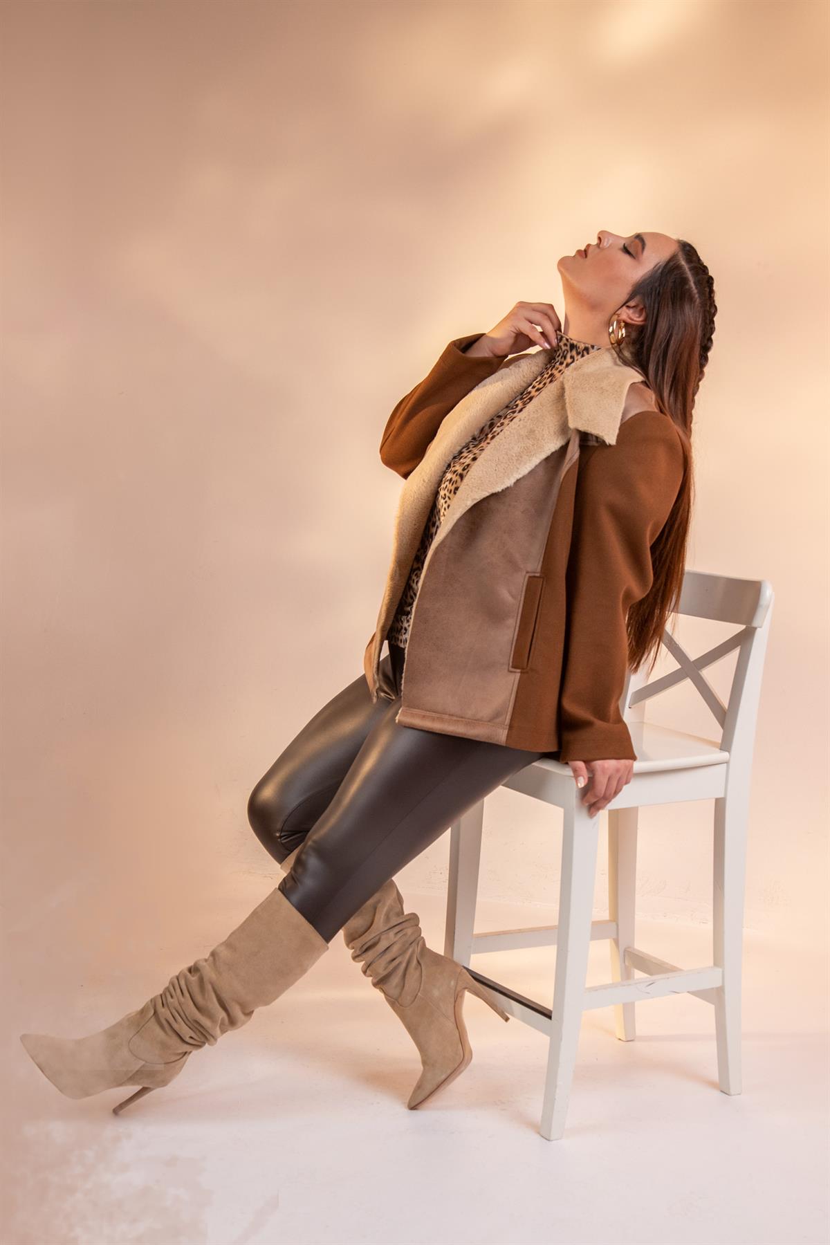 Büyük Beden 12224154 Kürk Yaka Kaşe Mont Camel