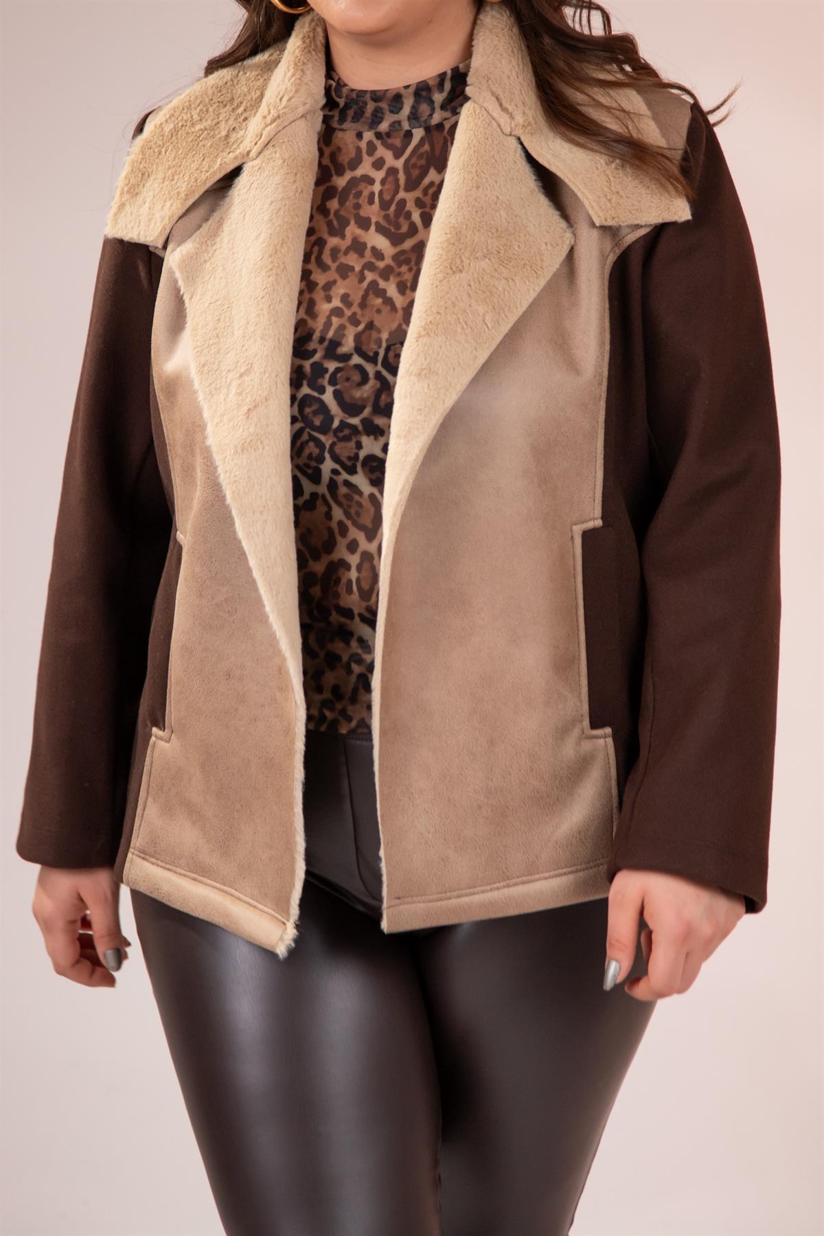 Büyük Beden 12224154 Kürk Yaka Kaşe Mont Kahverengı