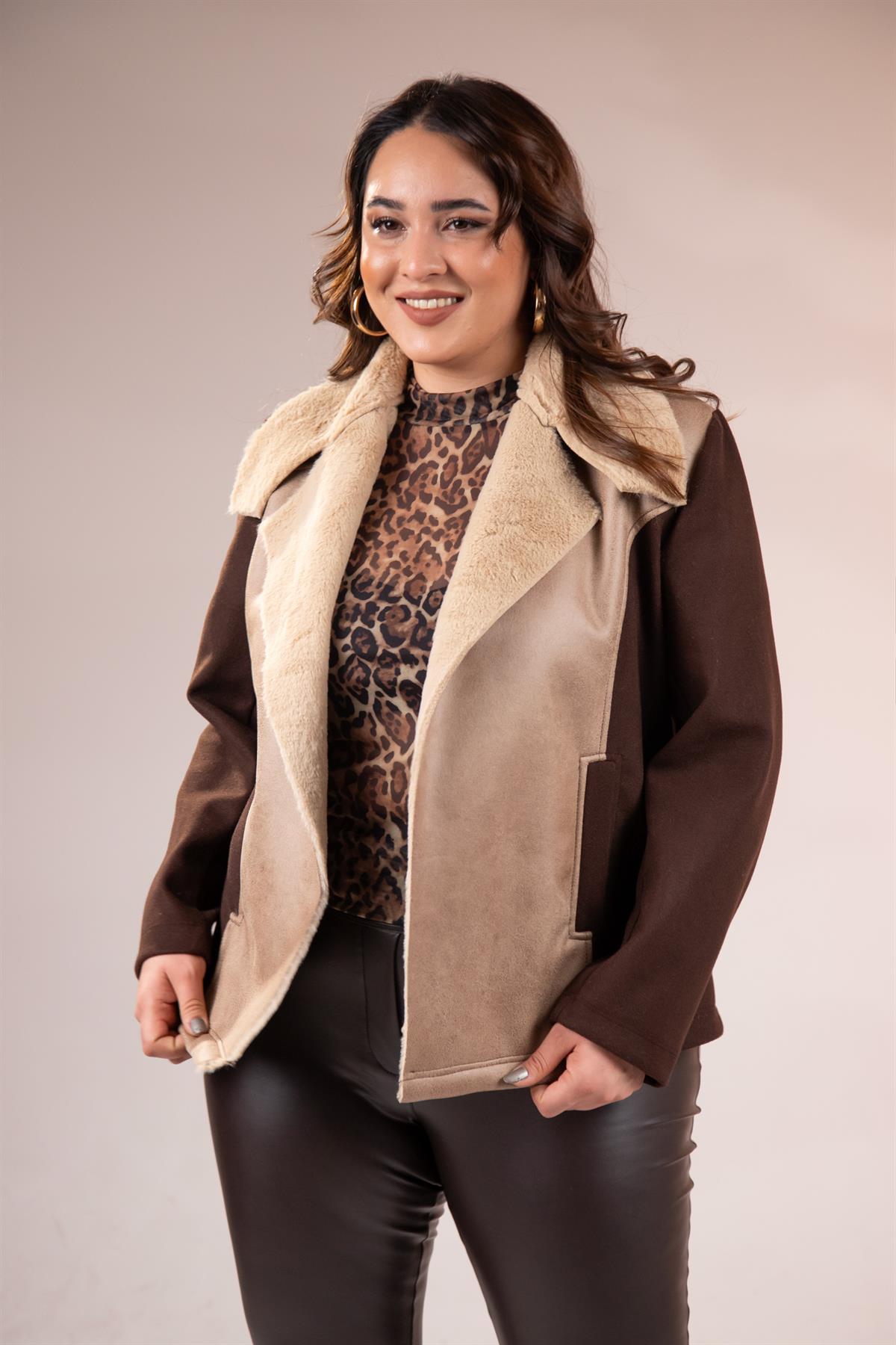 Büyük Beden 12224154 Kürk Yaka Kaşe Mont Kahverengı