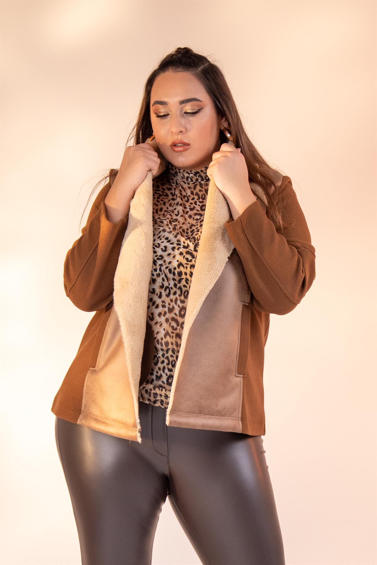 Büyük Beden 12224154 Kürk Yaka Kaşe Mont Camel