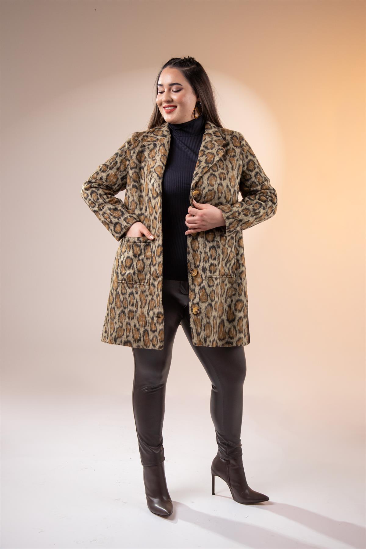 Büyük Beden 12224178 Leopar Desenli Kısa Kaban Kahverengi