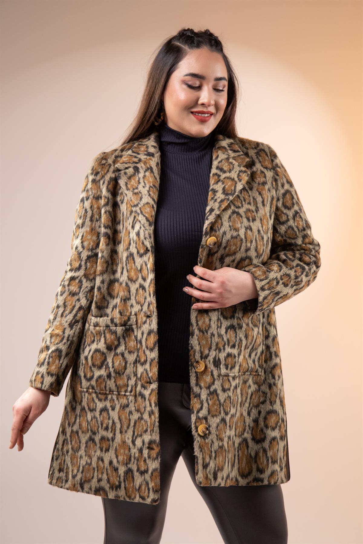 Büyük Beden 12224178 Leopar Desenli Kısa Kaban Kahverengi