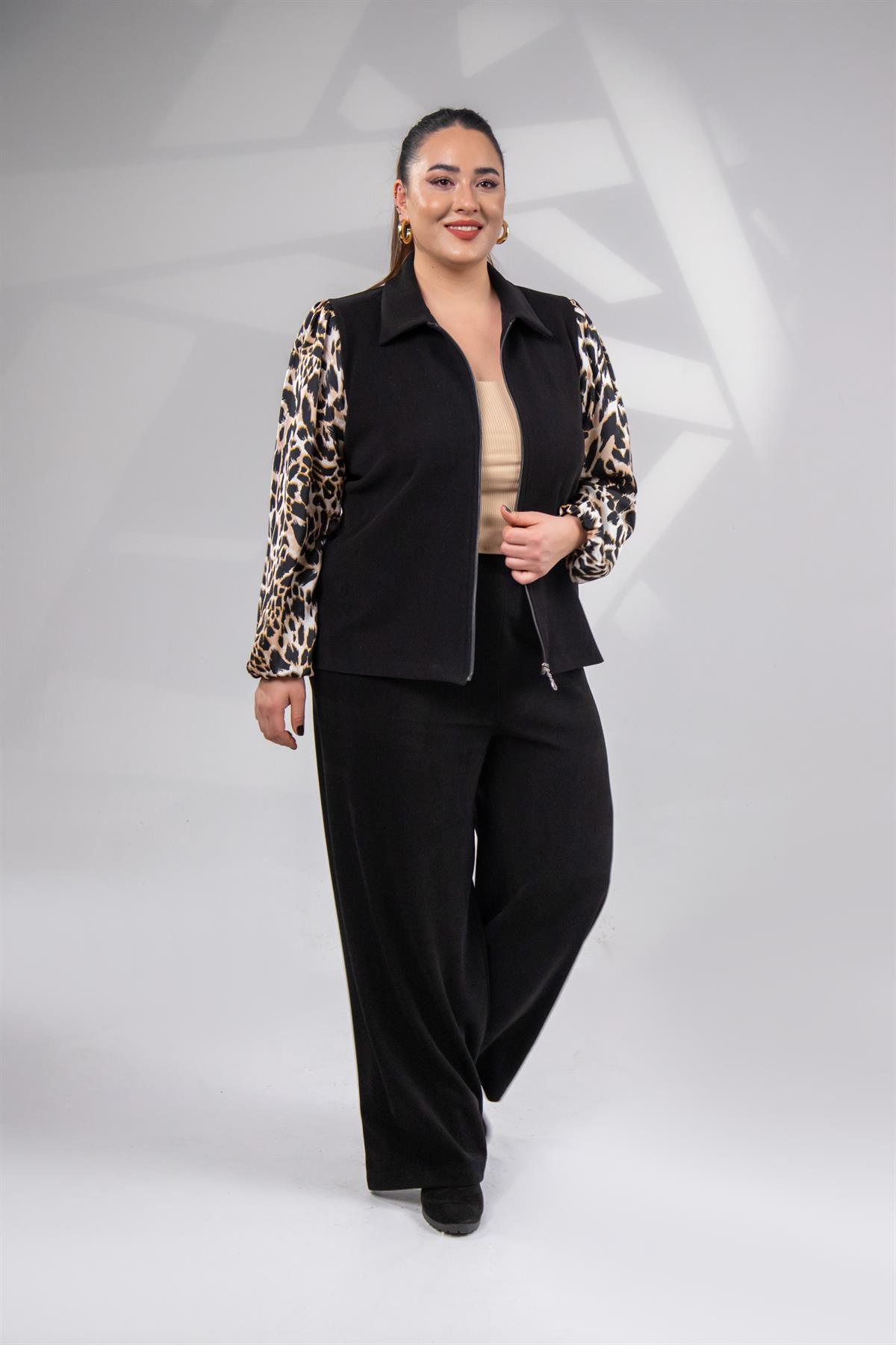 Büyük Beden 12224185 Leopar Detaylı 2li Takım  Siyah