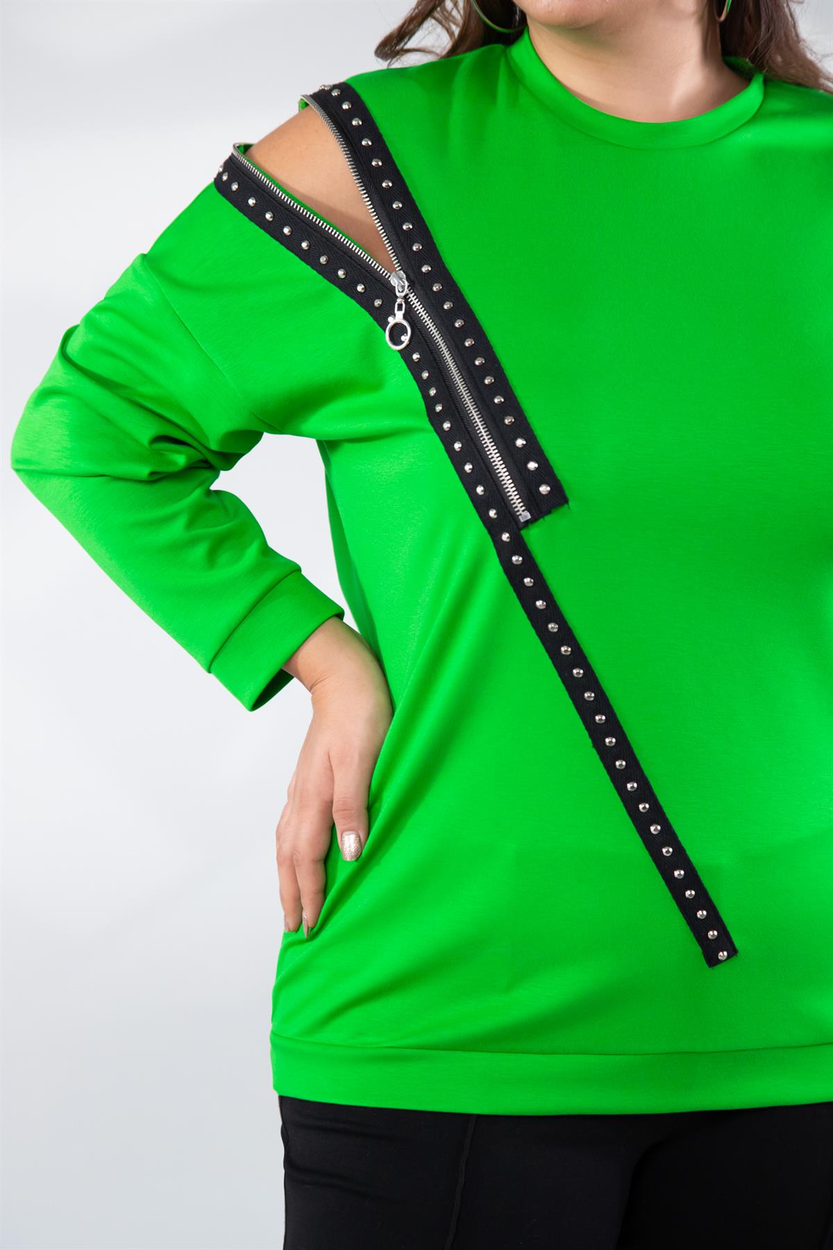 Büyük Beden 1222421 Fermuarlı Şertili Sweat  Yeşil